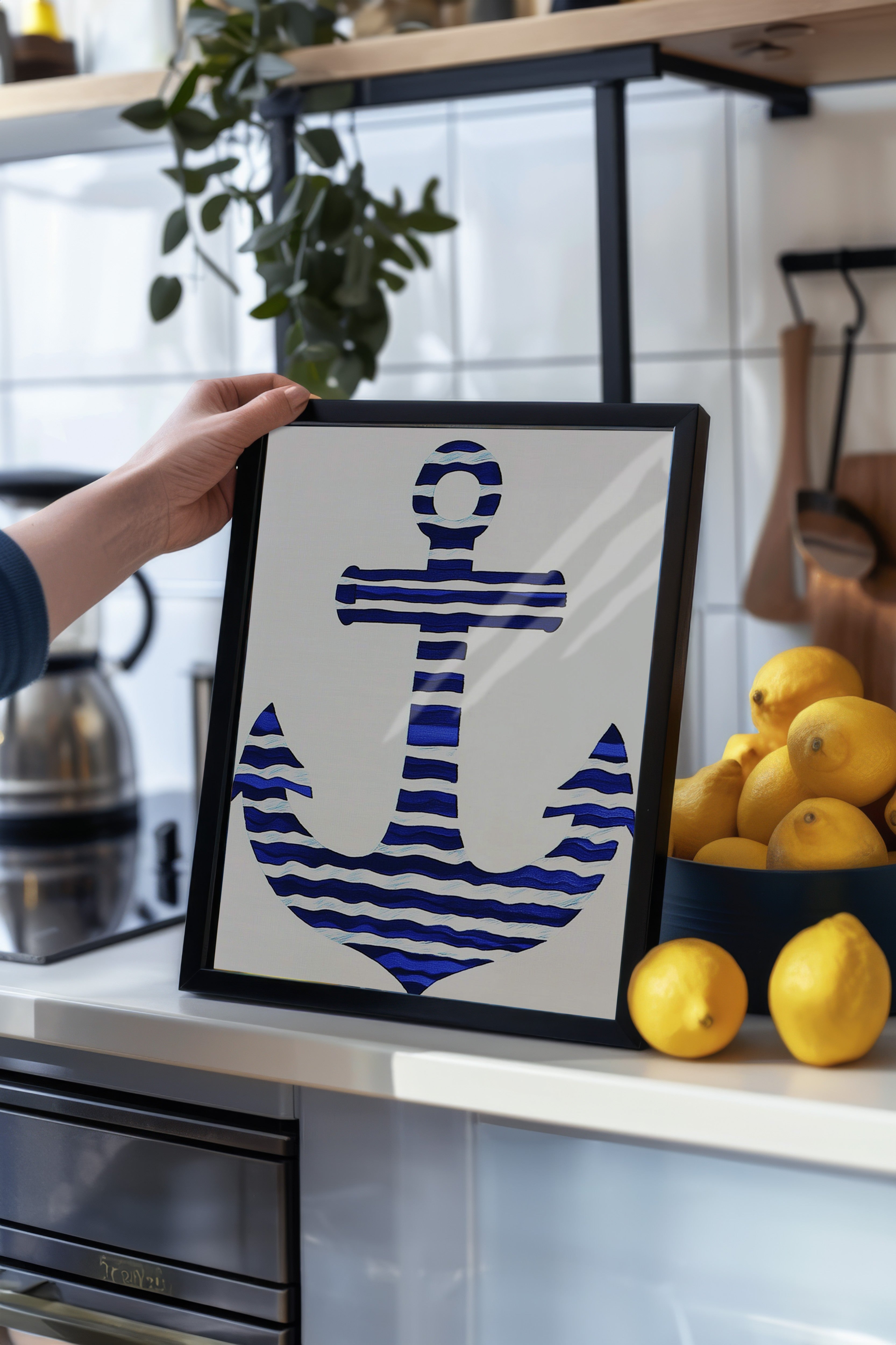 Siyah Çerçeveli Tablo, Çapa, Düz İllüstrasyon, Minimalist, Mavi, Beyaz Renk Poster, 2025 Yaz Seçkisi, NO:109816