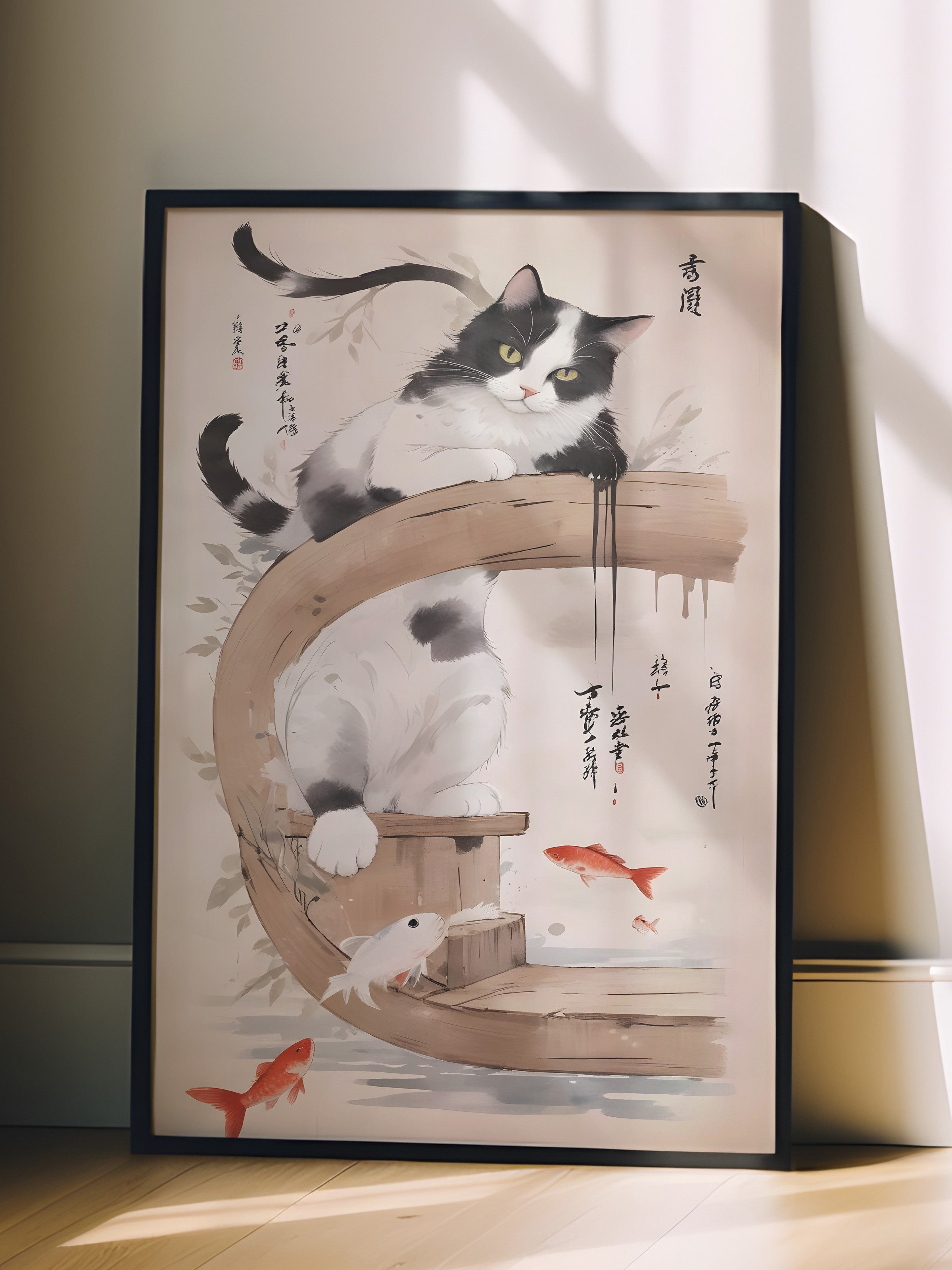Siyah Çerçeveli Tablo, Cat On A Japanese Tree, Comfort Serisi Mutfak Duvar Tablosu, NO:109163
