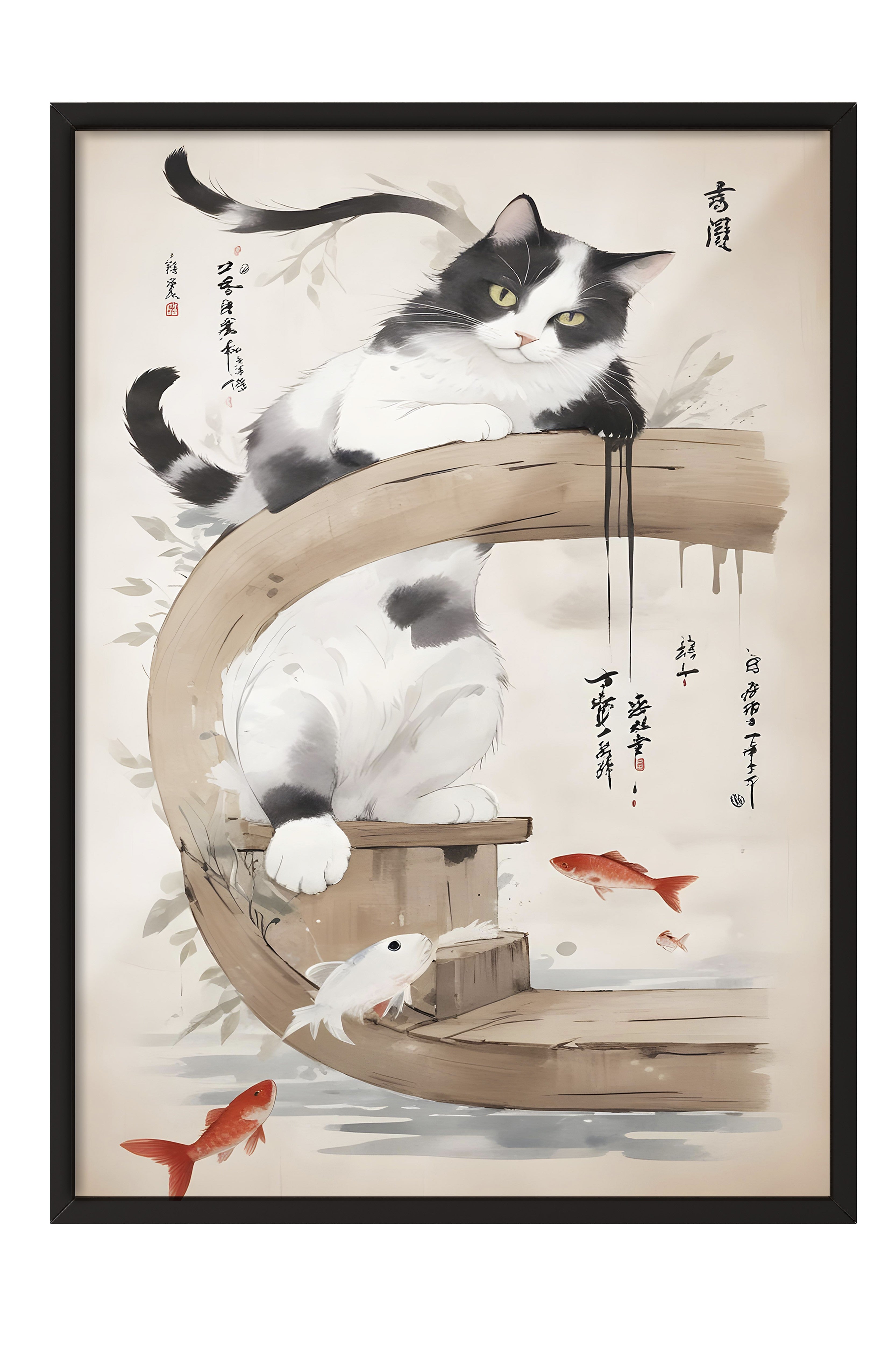 Siyah Çerçeveli Tablo, Cat On A Japanese Tree, Comfort Serisi Mutfak Duvar Tablosu, NO:109163
