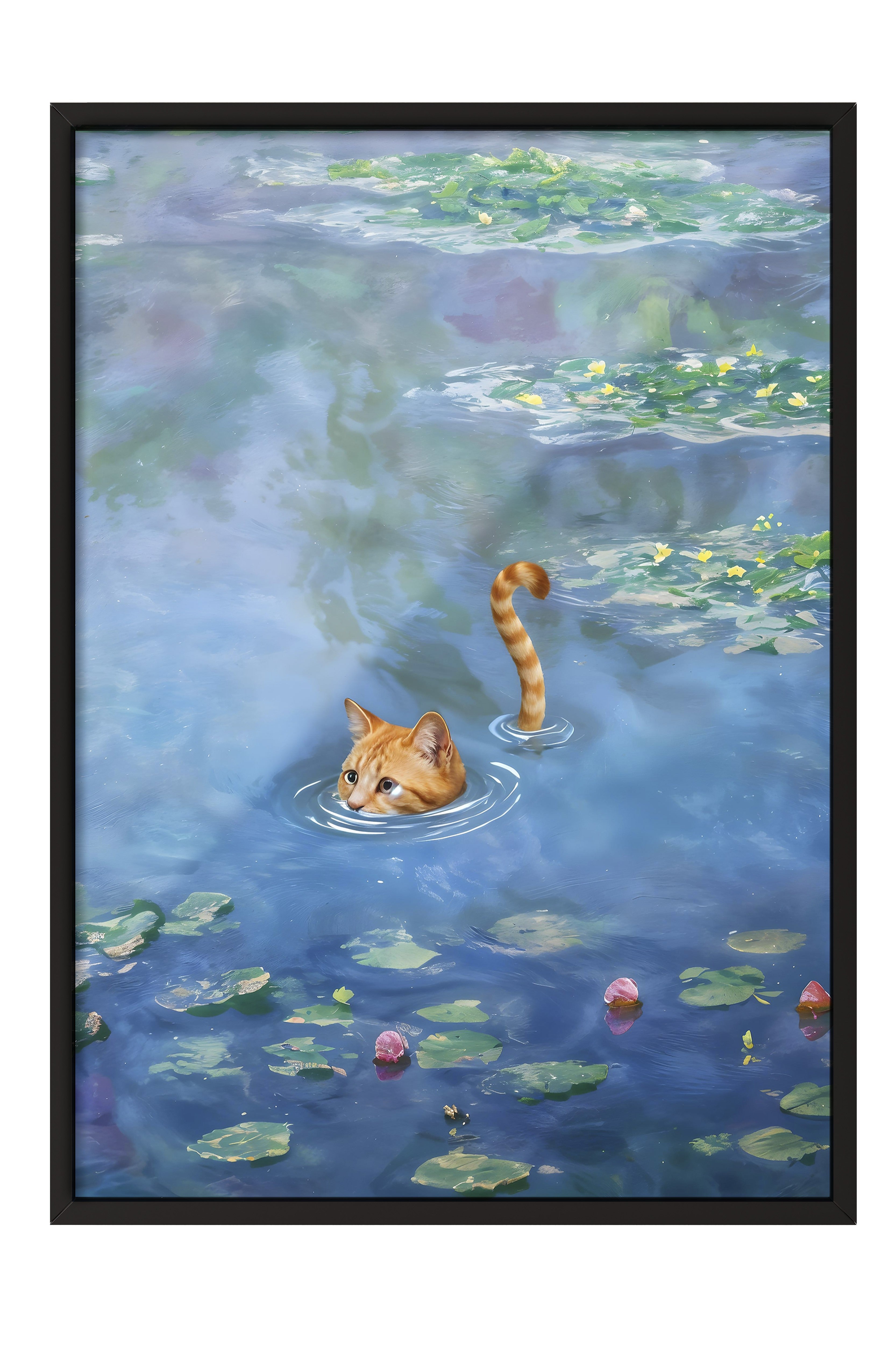 Siyah Çerçeveli Tablo, Cat Print Monet Waterlily - 1, Comfort Serisi Mutfak Duvar Tablosu, NO:108966