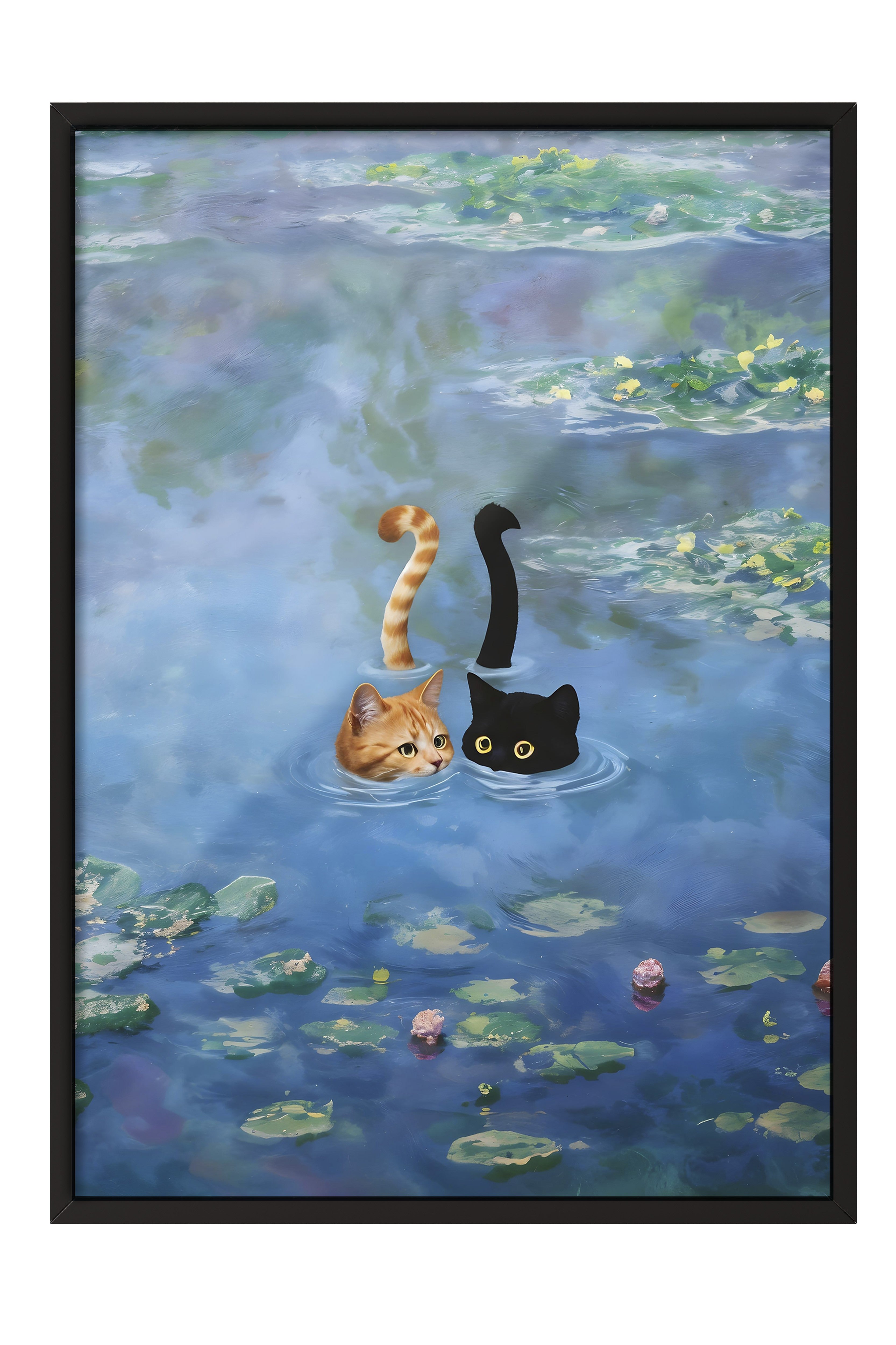 Siyah Çerçeveli Tablo, Cat Print Monet Waterlily - 3, Comfort Serisi Mutfak Duvar Tablosu, NO:108968