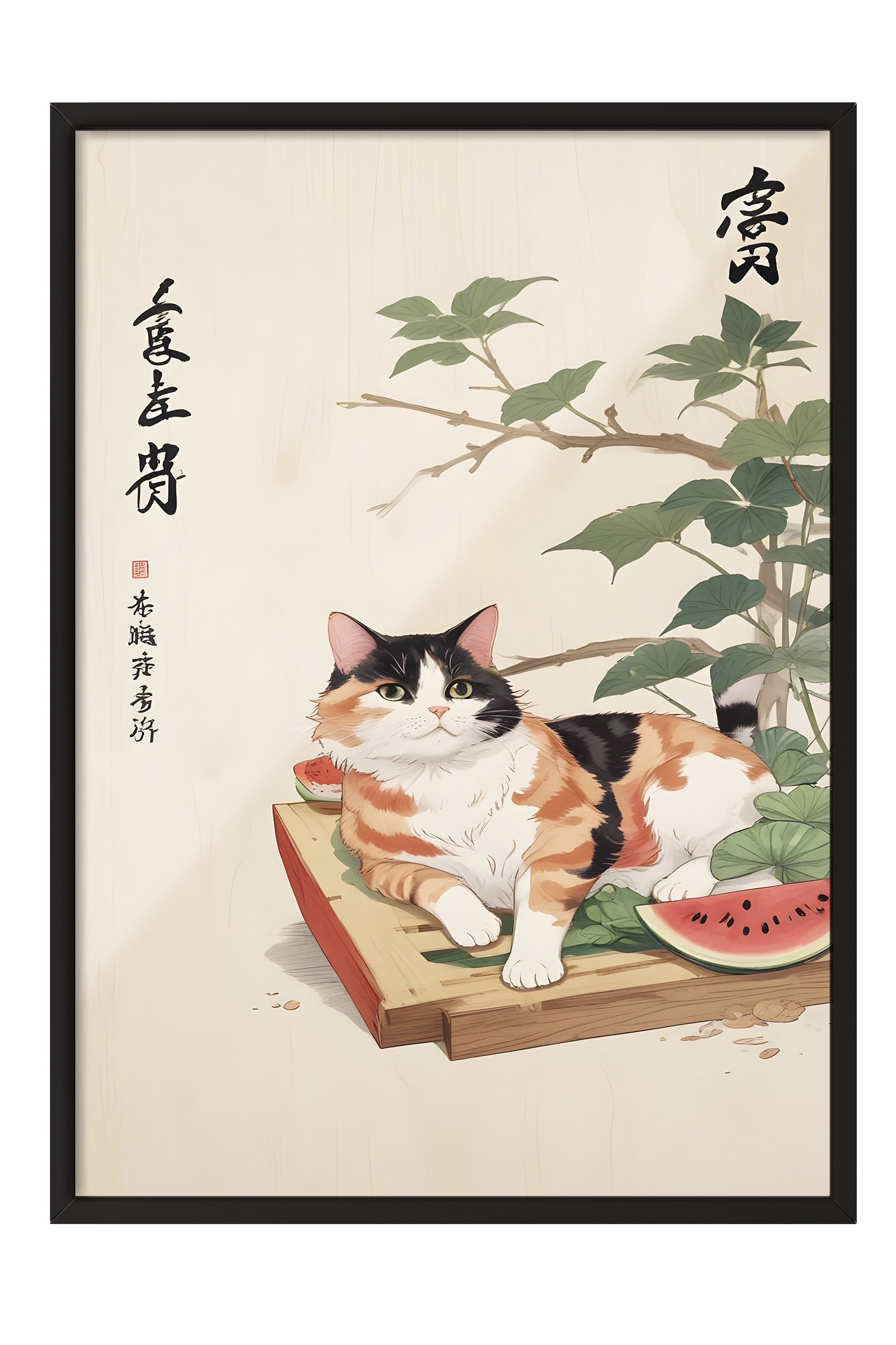 Siyah Çerçeveli Tablo, Cat Sleeping With Watermelon, Comfort Serisi Mutfak Duvar Tablosu, NO:109164
