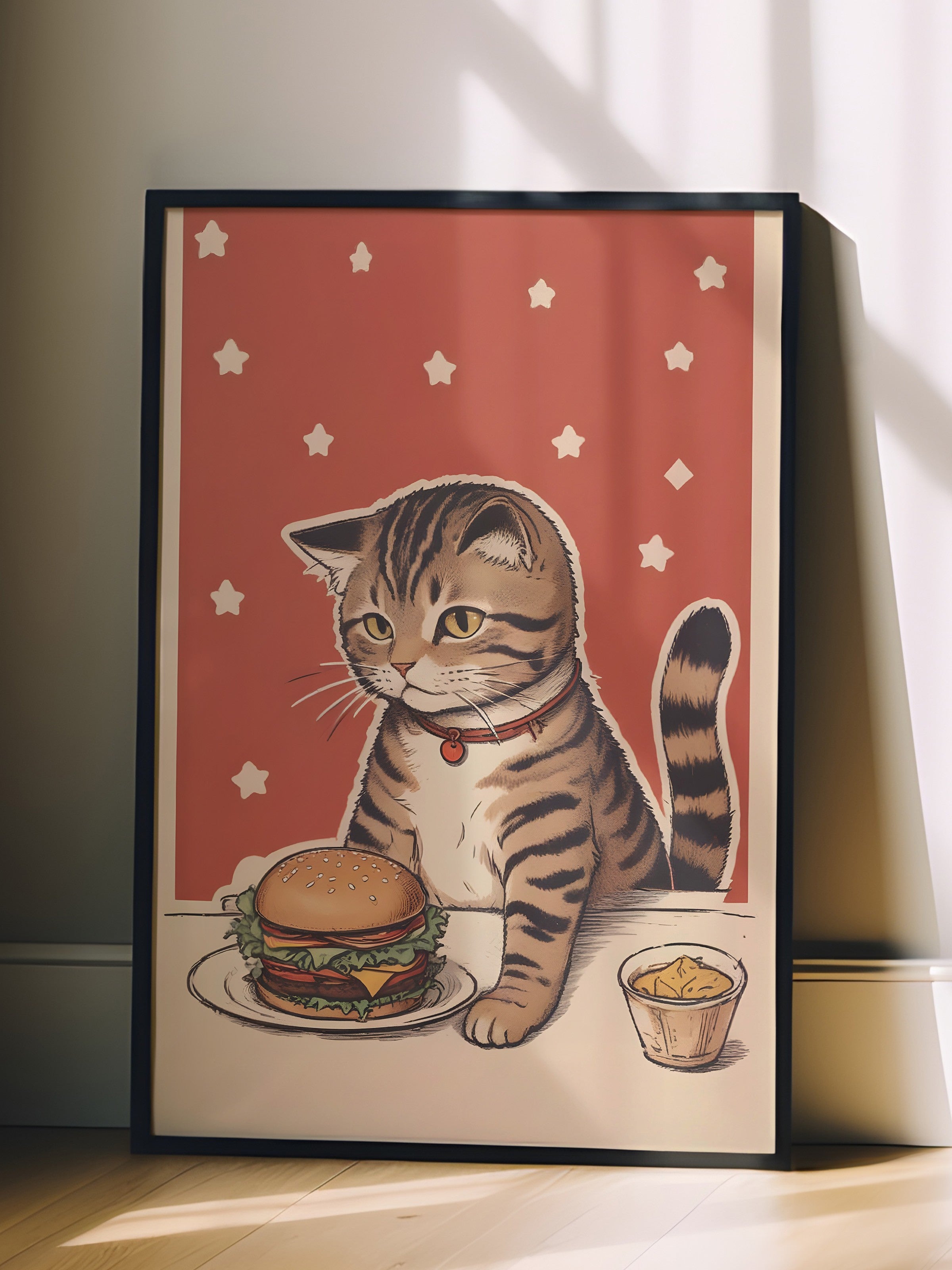 Siyah Çerçeveli Tablo, Cat With A Burger, Comfort Serisi Mutfak Duvar Tablosu, NO:109086