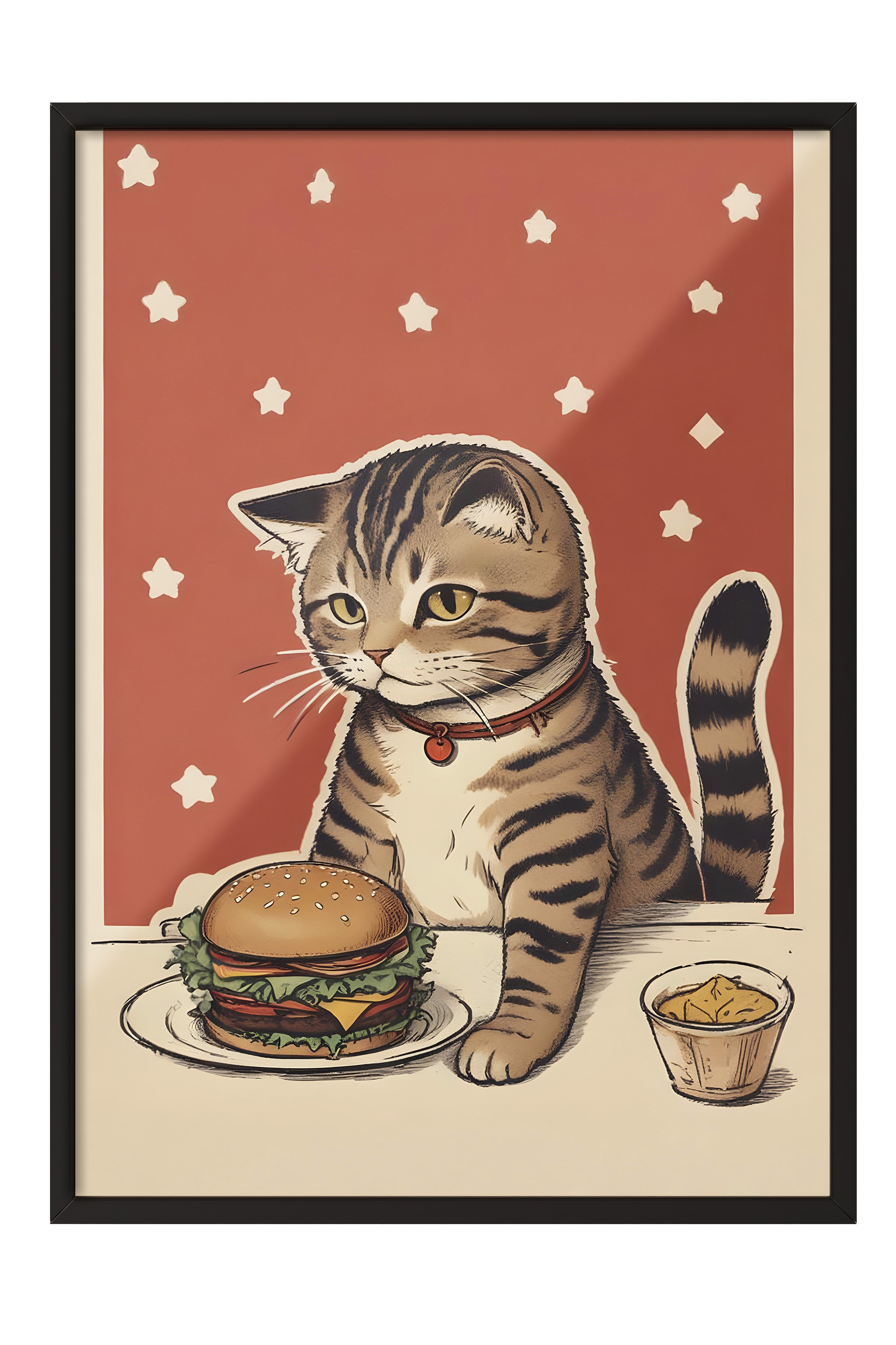 Siyah Çerçeveli Tablo, Cat With A Burger, Comfort Serisi Mutfak Duvar Tablosu, NO:109086