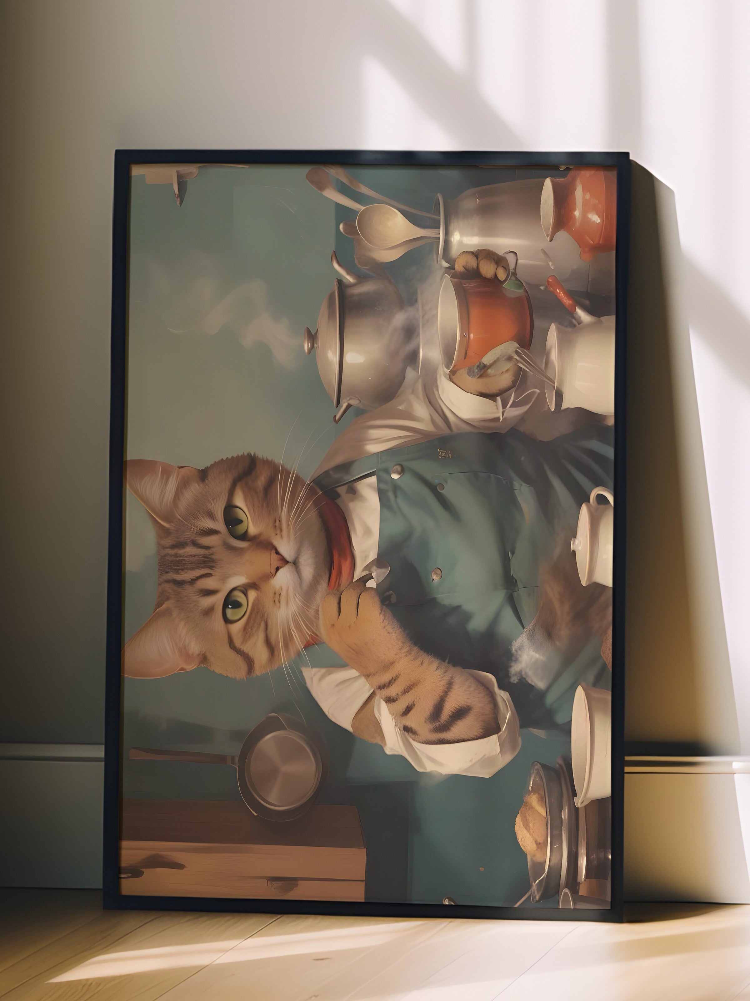Siyah Çerçeveli Tablo, Coffee Station Cat, Comfort Serisi Poster ve Duvar Tablosu, NO:108929