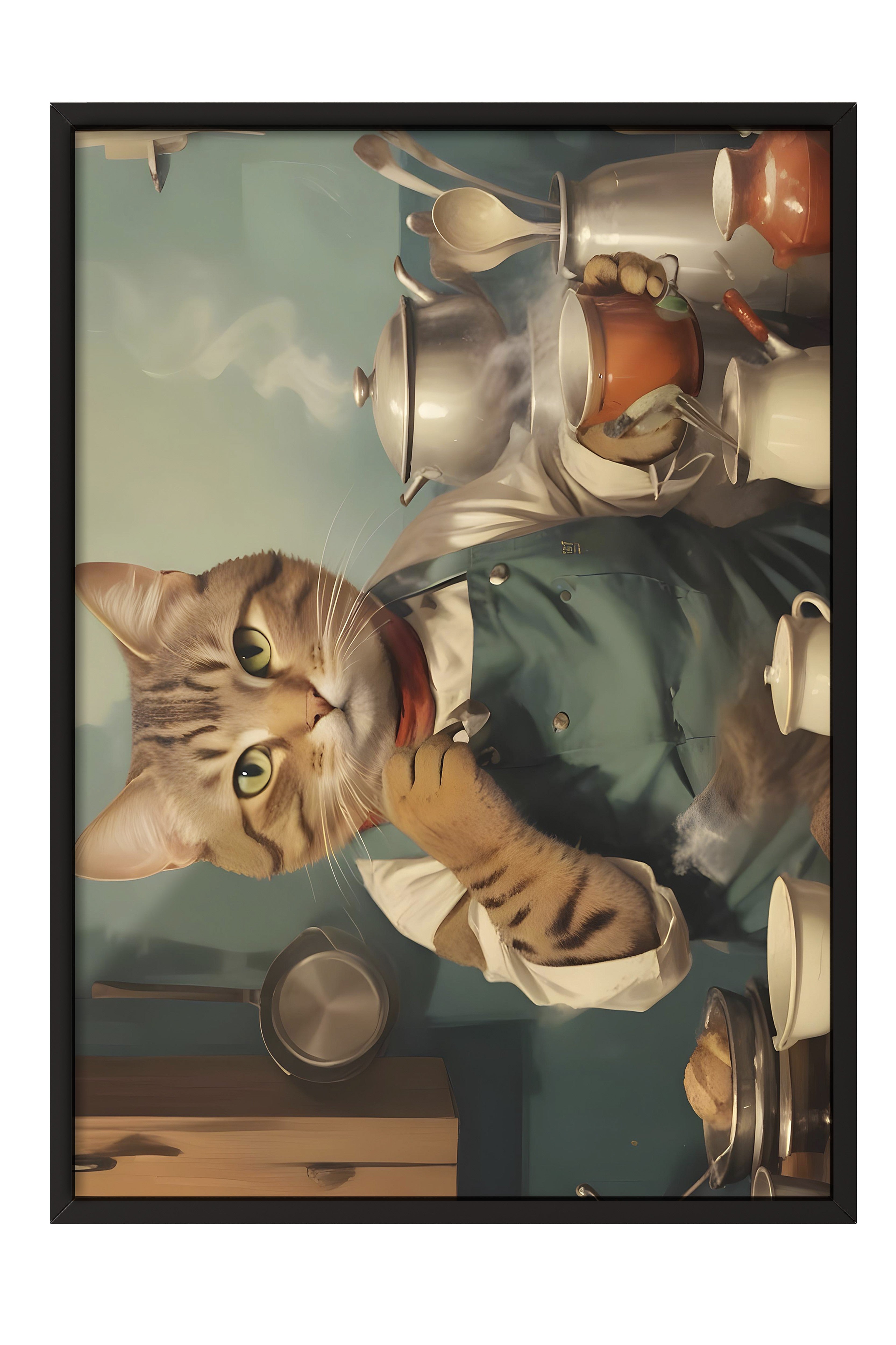 Siyah Çerçeveli Tablo, Coffee Station Cat, Comfort Serisi Poster ve Duvar Tablosu, NO:108929