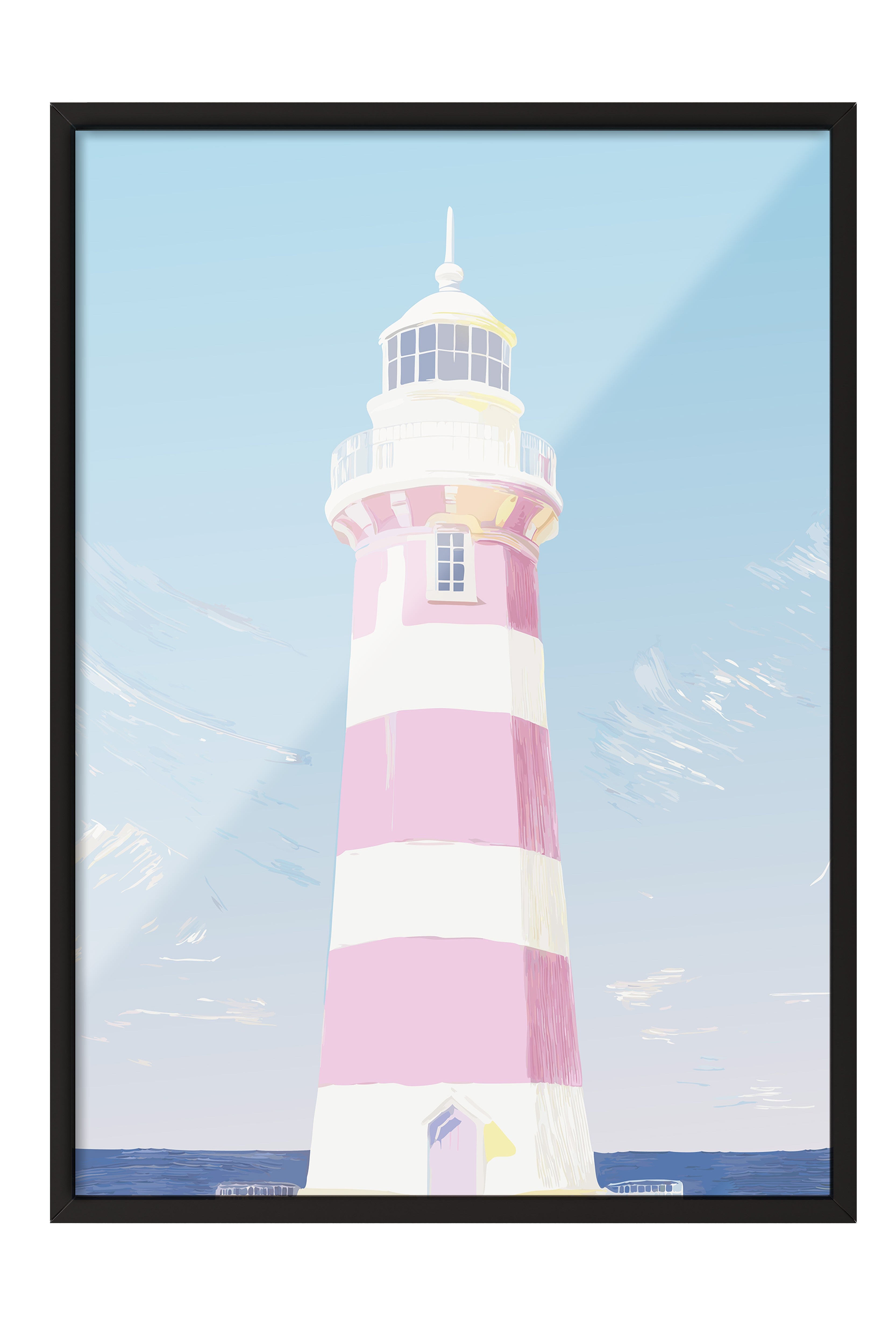 Siyah Çerçeveli Tablo, Deniz feneri, illüstrasyon, Pastel Tonlar, Mavi Renk Poster, 2025 Yaz Seçkisi, NO:109862