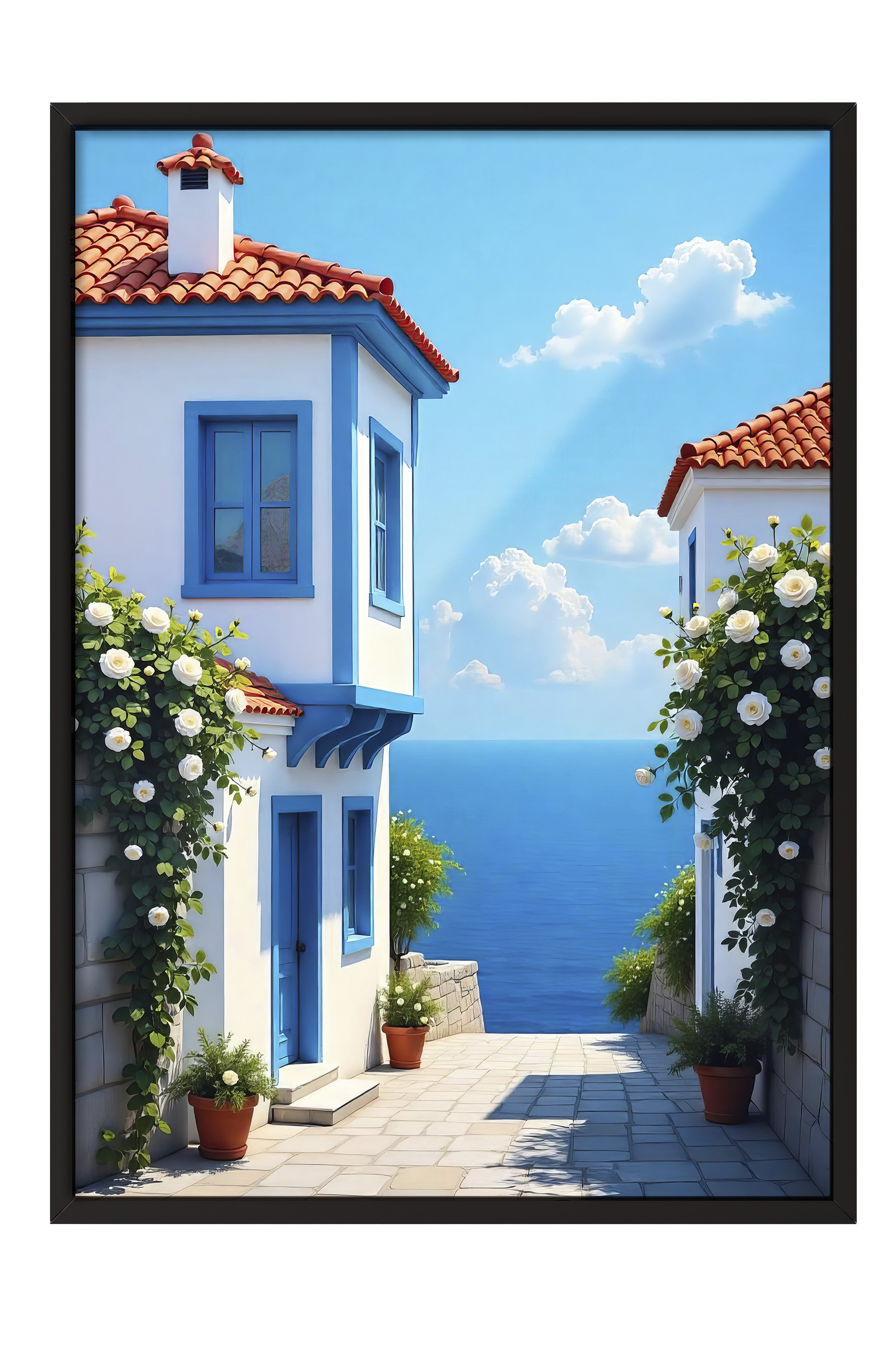 Siyah Çerçeveli Tablo, Deniz Manzaralı Ev, Fotoğraf, Mavi Renk Poster, 2025 Yaz Seçkisi, NO:109705