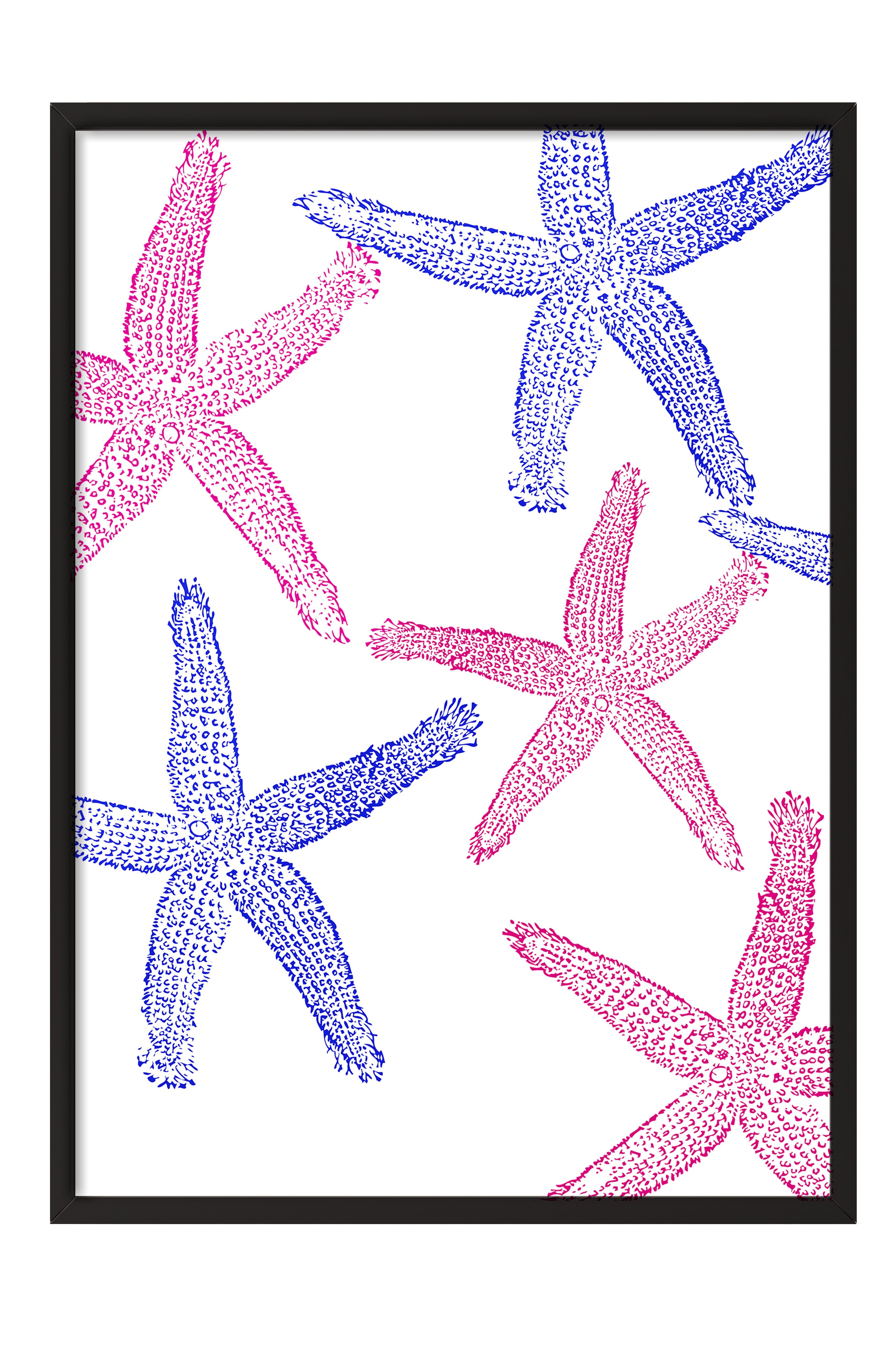 Siyah Çerçeveli Tablo, Denizyıldızı, Düz İllüstrasyon, Mavi, Pembe Renk Poster, 2025 Yaz Seçkisi, NO:109838