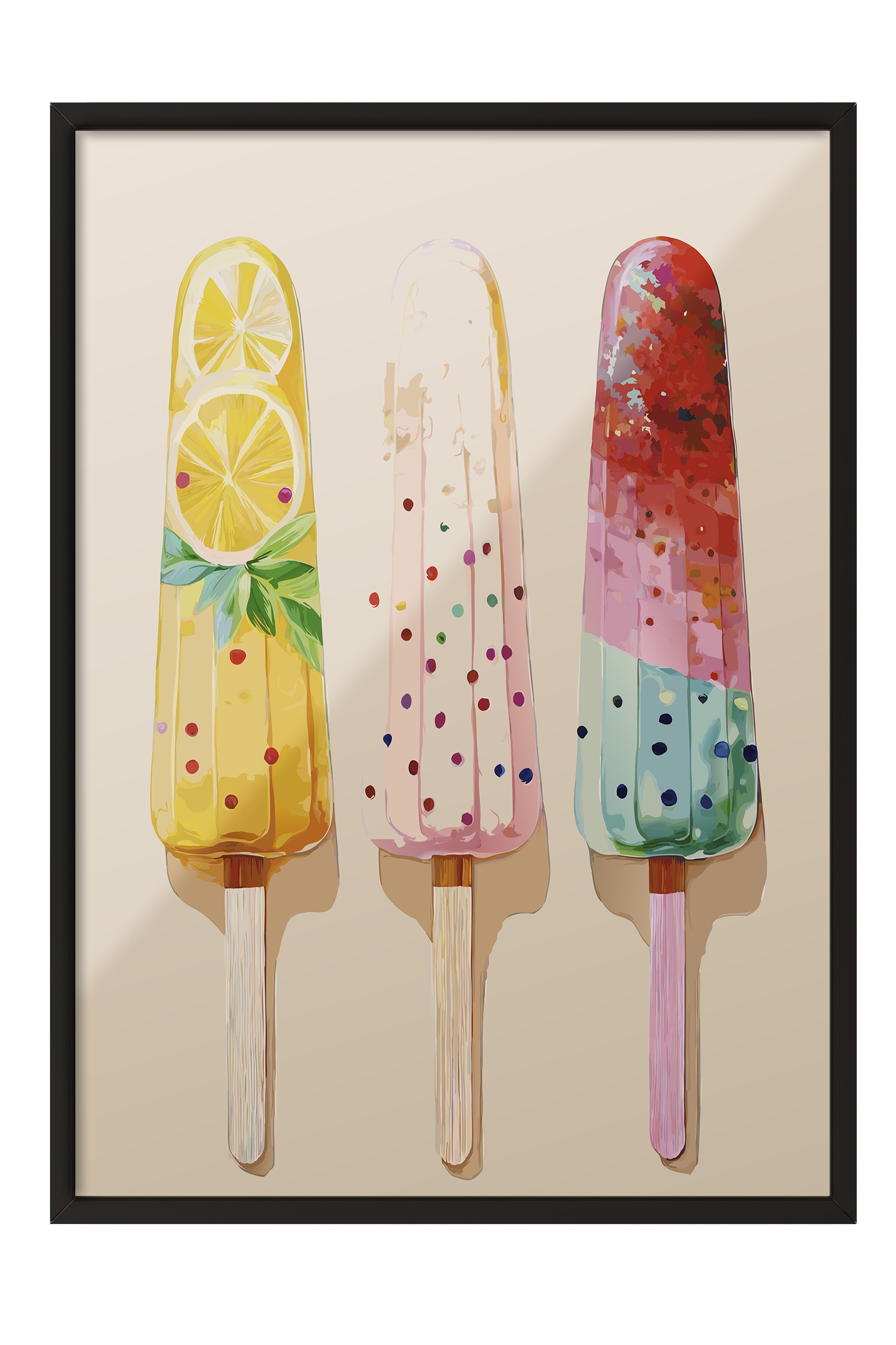 Siyah Çerçeveli Tablo, Dondurma, Limon, illüstrasyon, Whimsical, Pastel Tonlar, Çok Renkli Renk Poster, 2025 Yaz Seçkisi, NO:109860