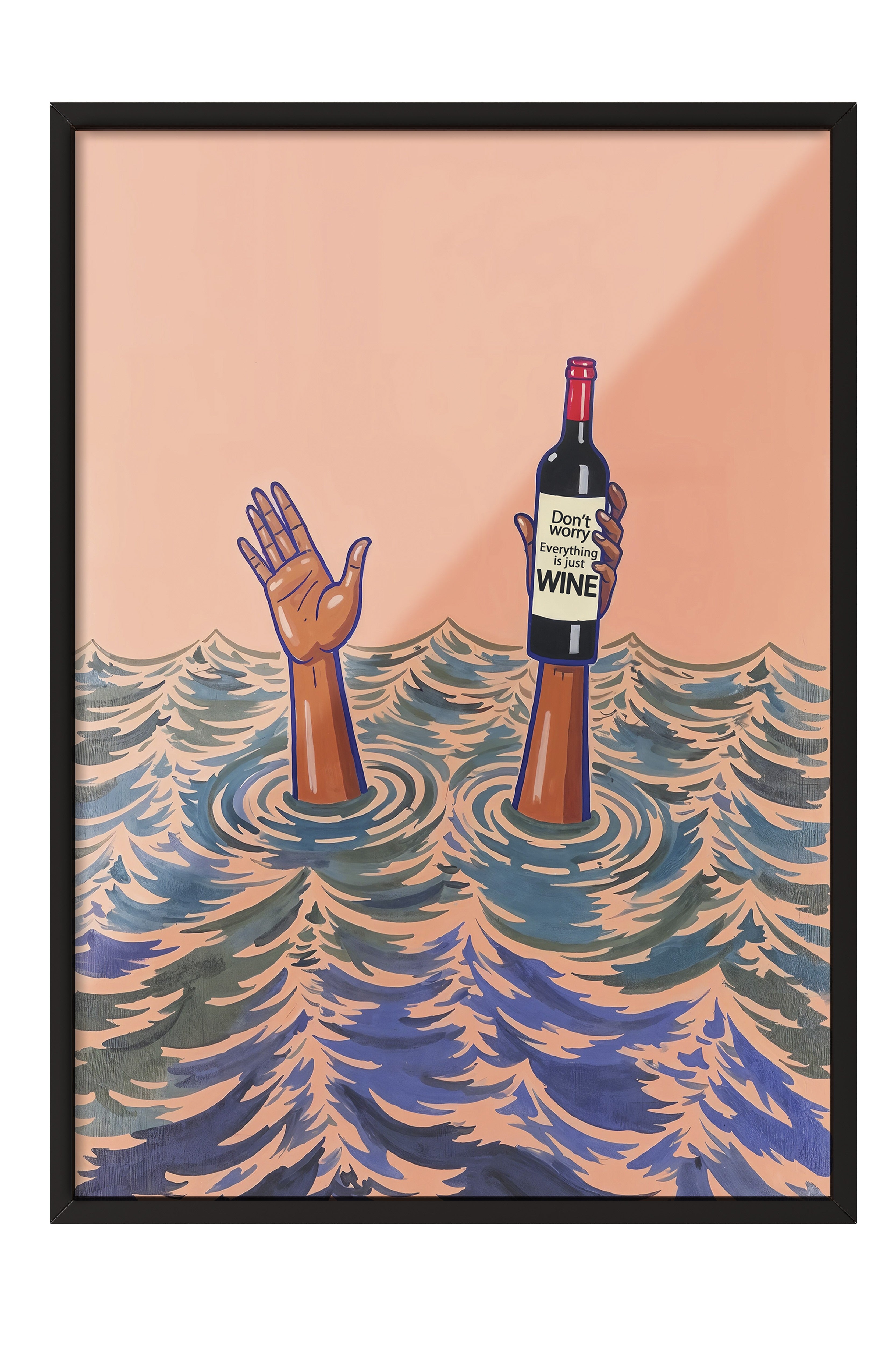 Siyah Çerçeveli Tablo, Endişelenme, Sadece Şarap, İllüstrasyon, Kırmızı Renk Poster, 2025 Yaz Seçkisi, NO:109715
