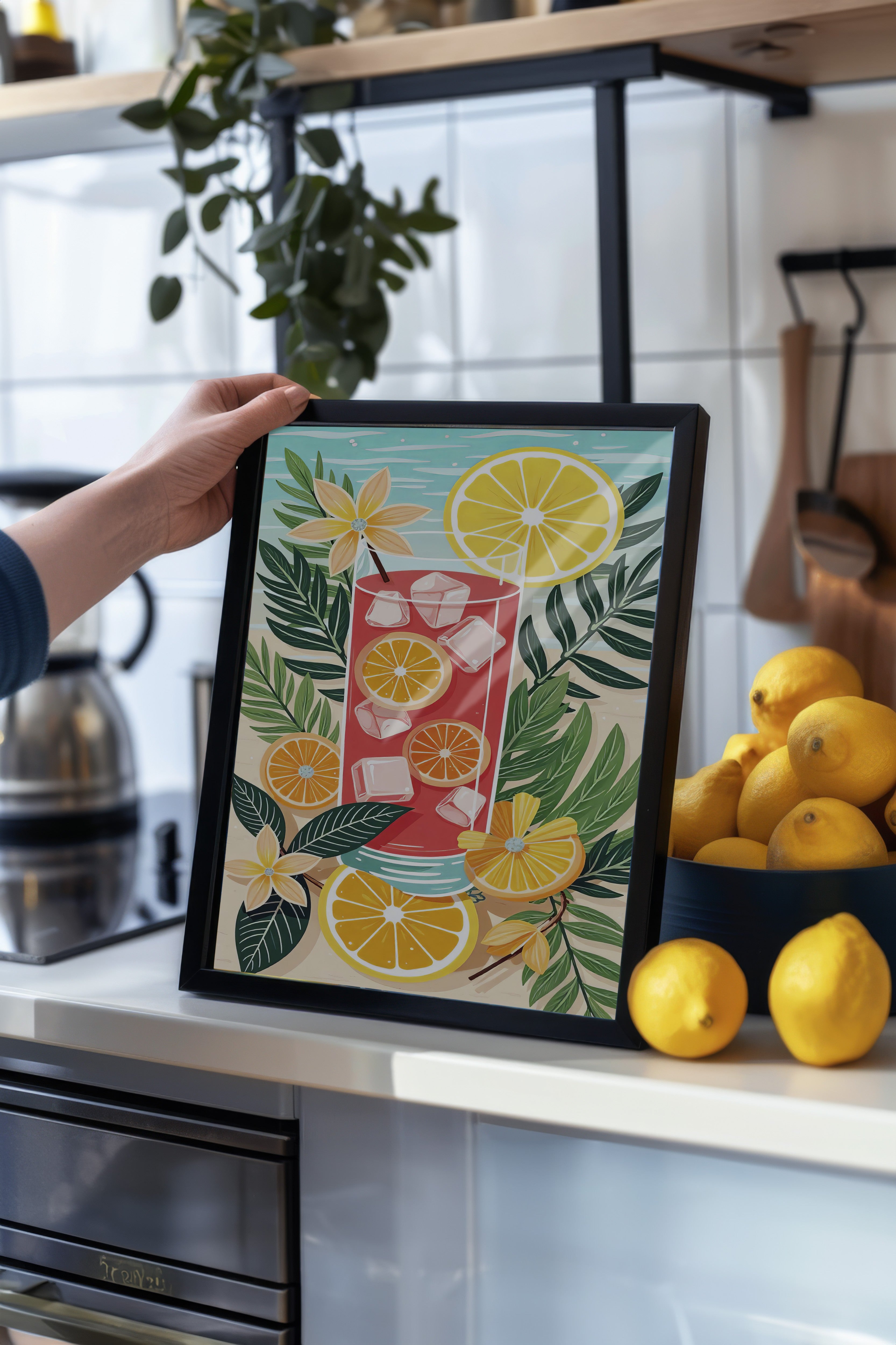 Siyah Çerçeveli Tablo, Ferah Limonata, İllüstrasyon, Maximalist, Kırmızı Renk Poster, 2025 Yaz Seçkisi, NO:109784