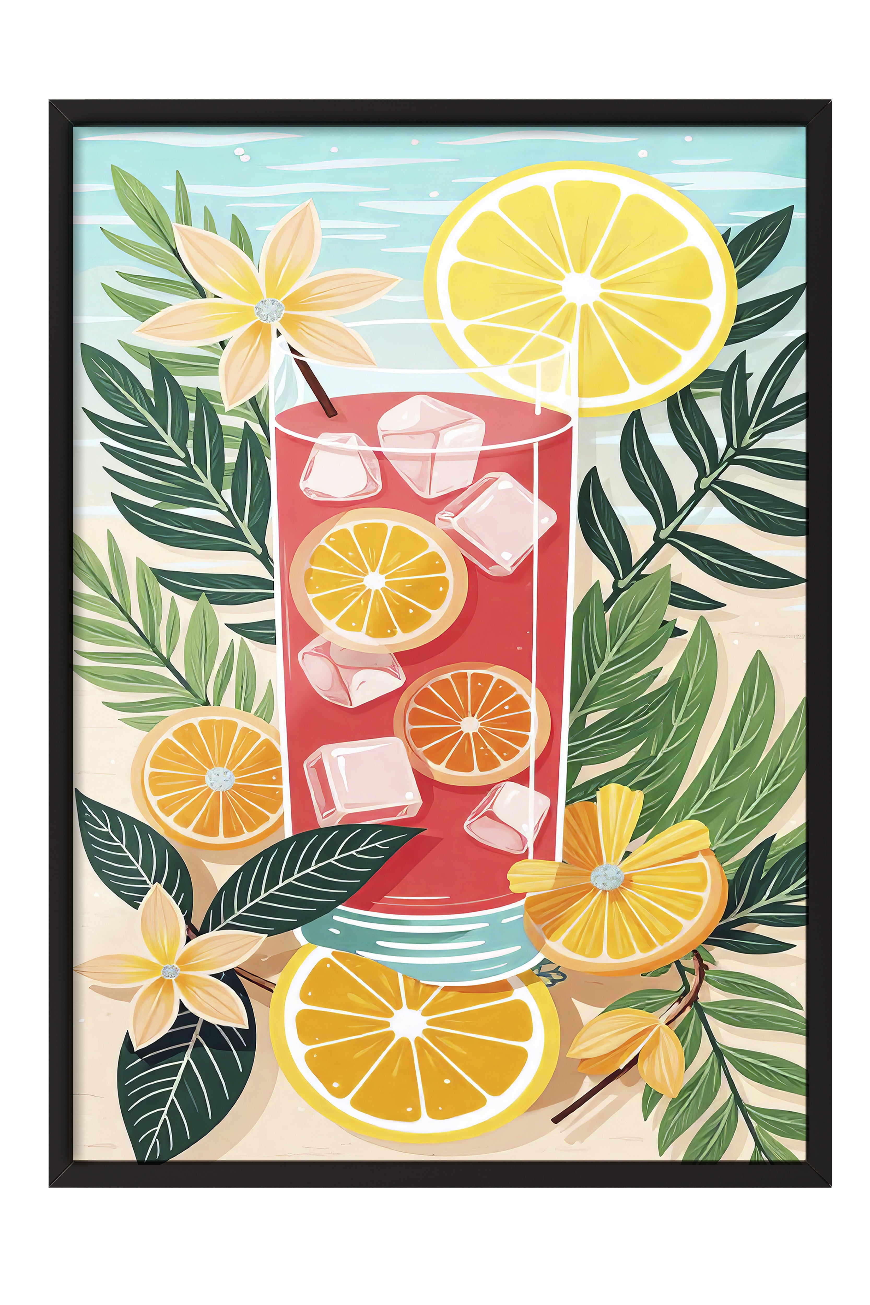 Siyah Çerçeveli Tablo, Ferah Limonata, İllüstrasyon, Maximalist, Kırmızı Renk Poster, 2025 Yaz Seçkisi, NO:109784