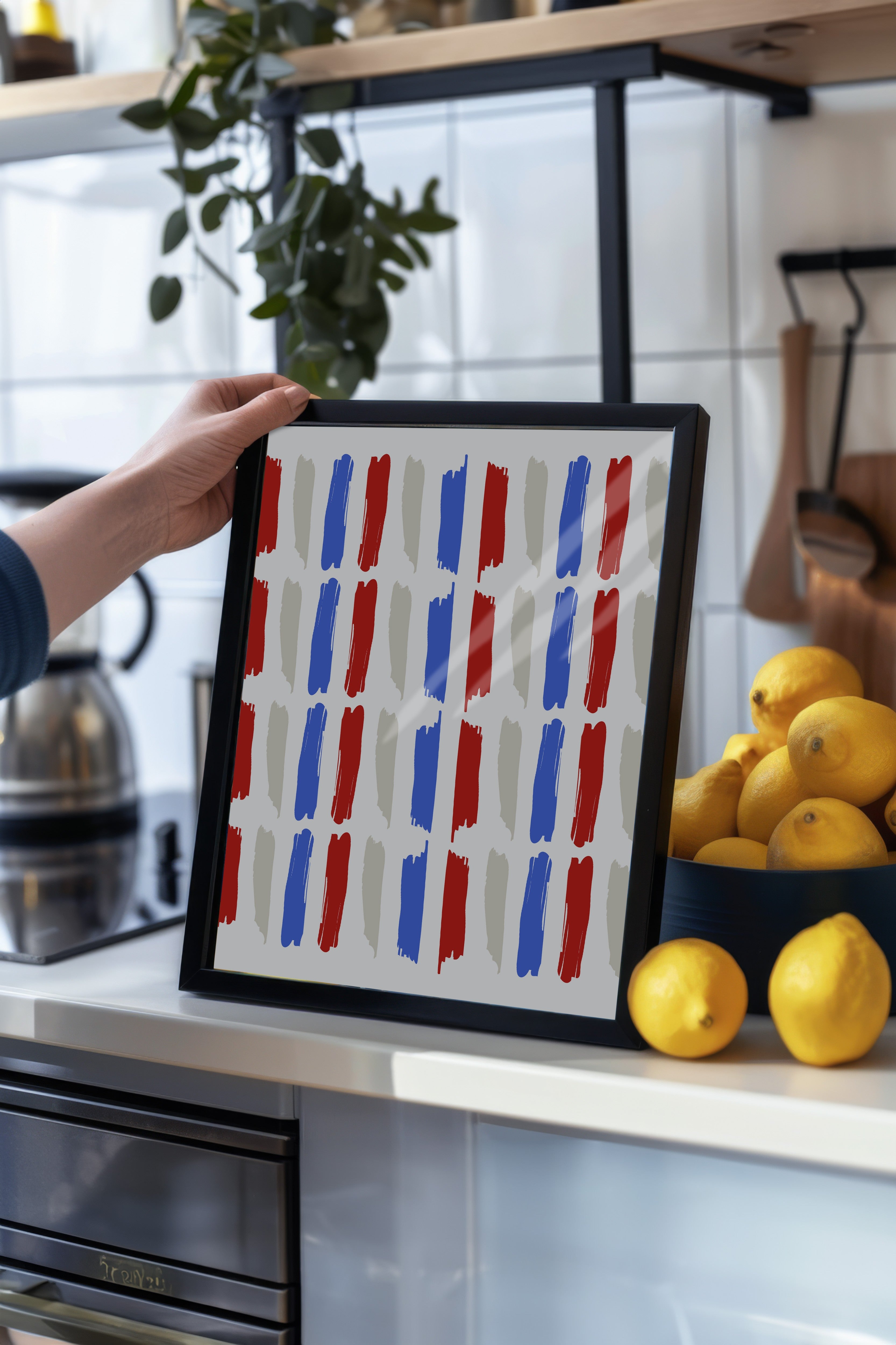 Siyah Çerçeveli Tablo, Fırça darbeleri, Minimalist, Düz İllüstrasyon, Kırmızı, Mavi Renk Poster, 2025 Yaz Seçkisi, NO:109820