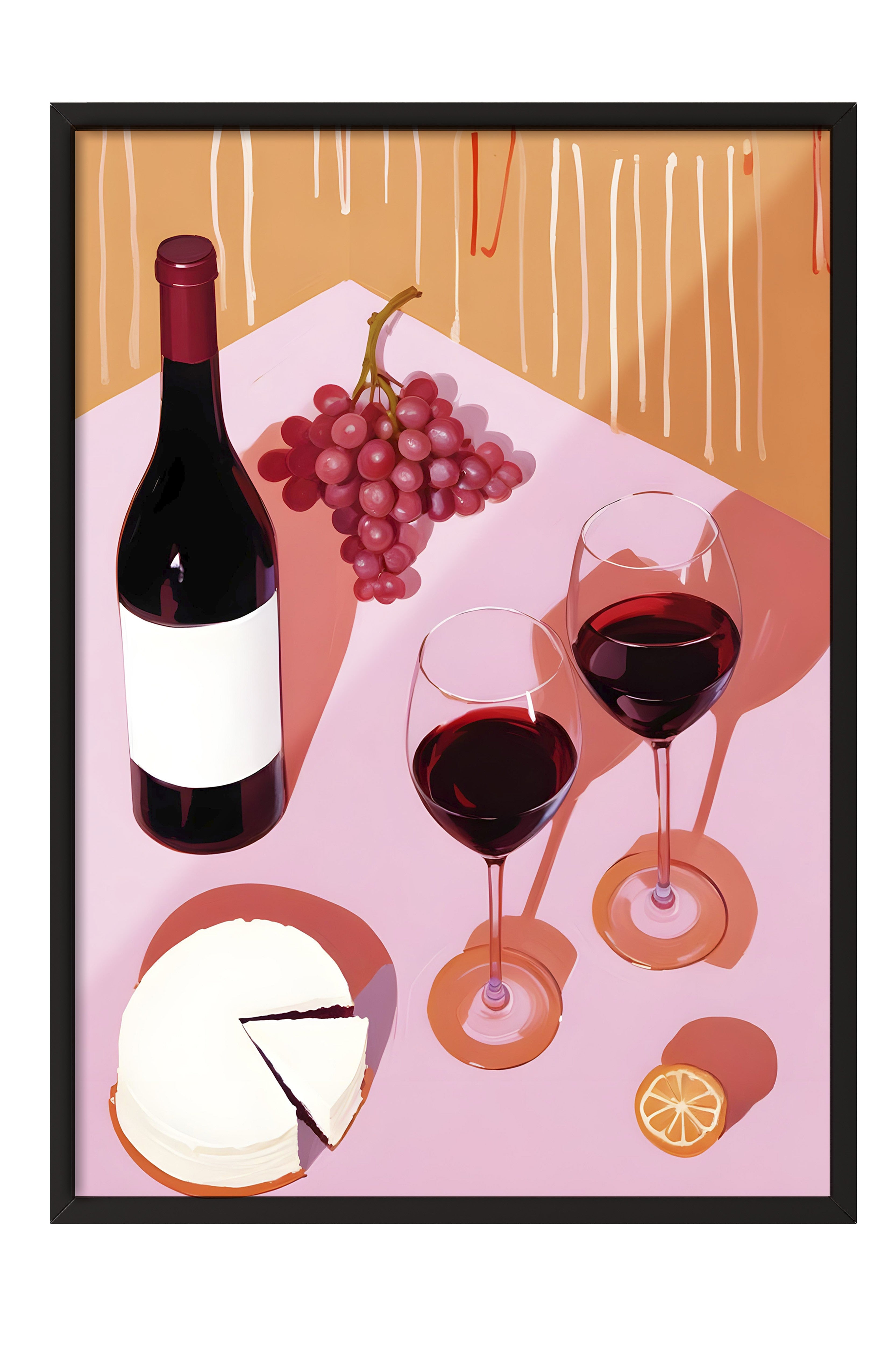 Siyah Çerçeveli Tablo, Grapes & Wine, Comfort Serisi Mutfak Duvar Tablosu, NO:109097
