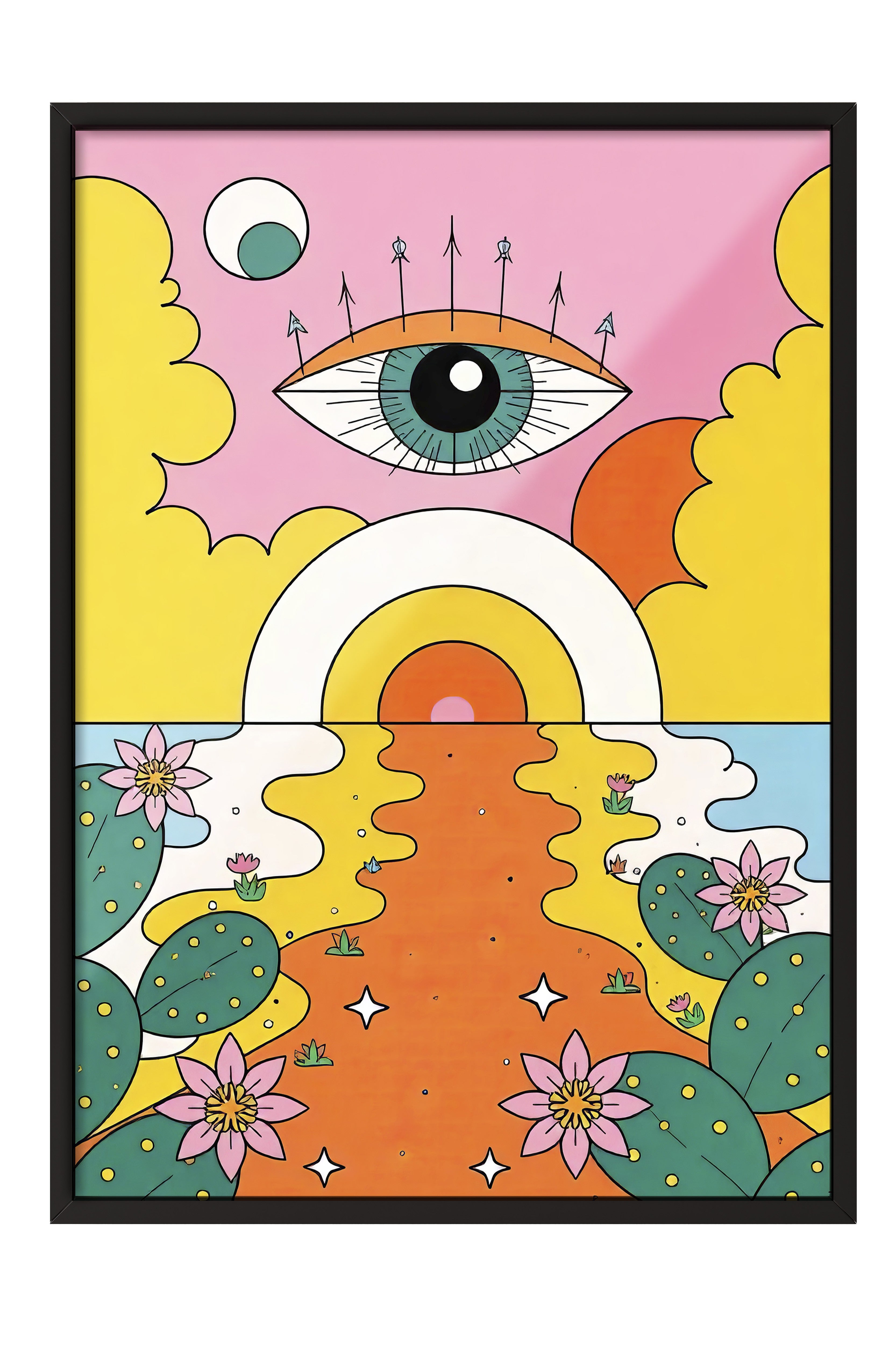 Siyah Çerçeveli Tablo, Güneşin Gözü, İllüstrasyon Maximalist, Sarı Renk Poster, 2025 Yaz Seçkisi, NO:109757
