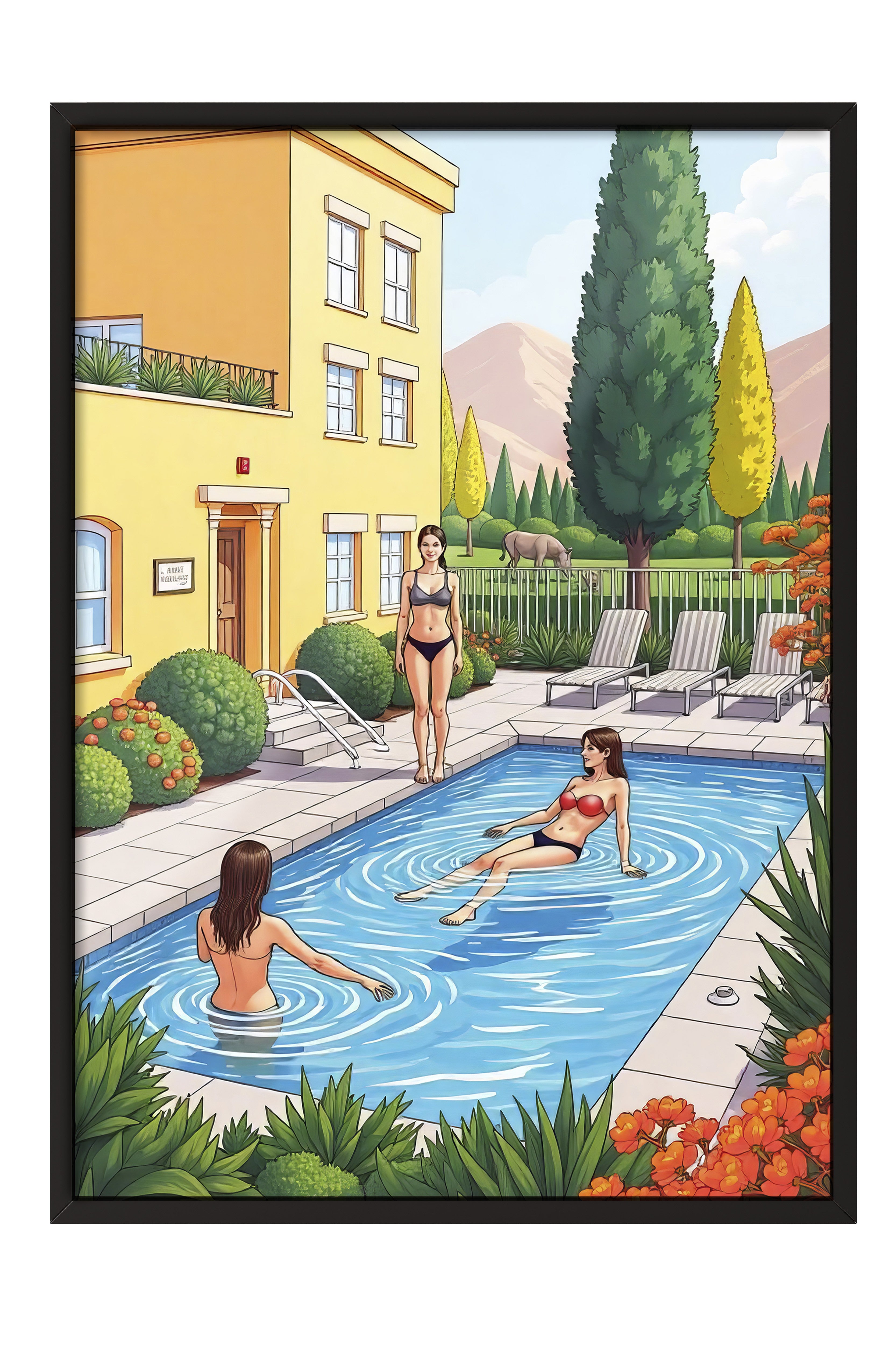 Siyah Çerçeveli Tablo, Havuz Partisi, İllüstrasyon, Maximalist, Mavi Renk Poster, 2025 Yaz Seçkisi, NO:109763