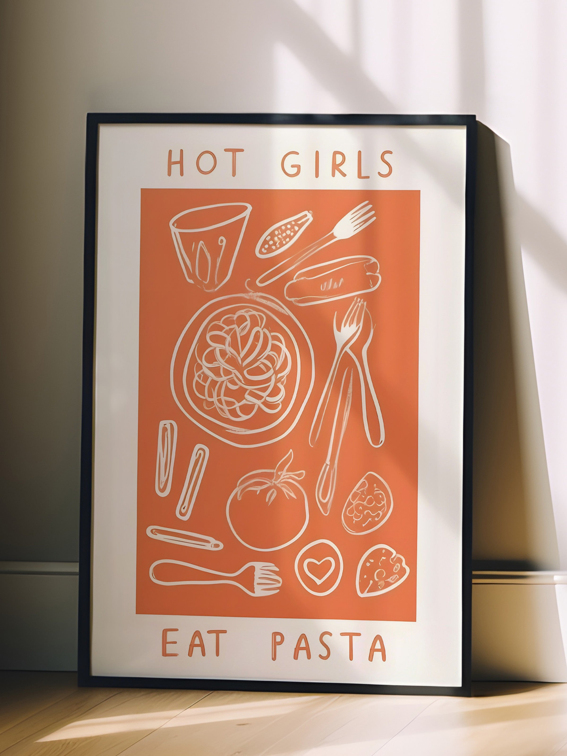 Siyah Çerçeveli Tablo, Hot Girl Eat Pasta, Comfort Serisi Mutfak Duvar Tablosu, NO:109125