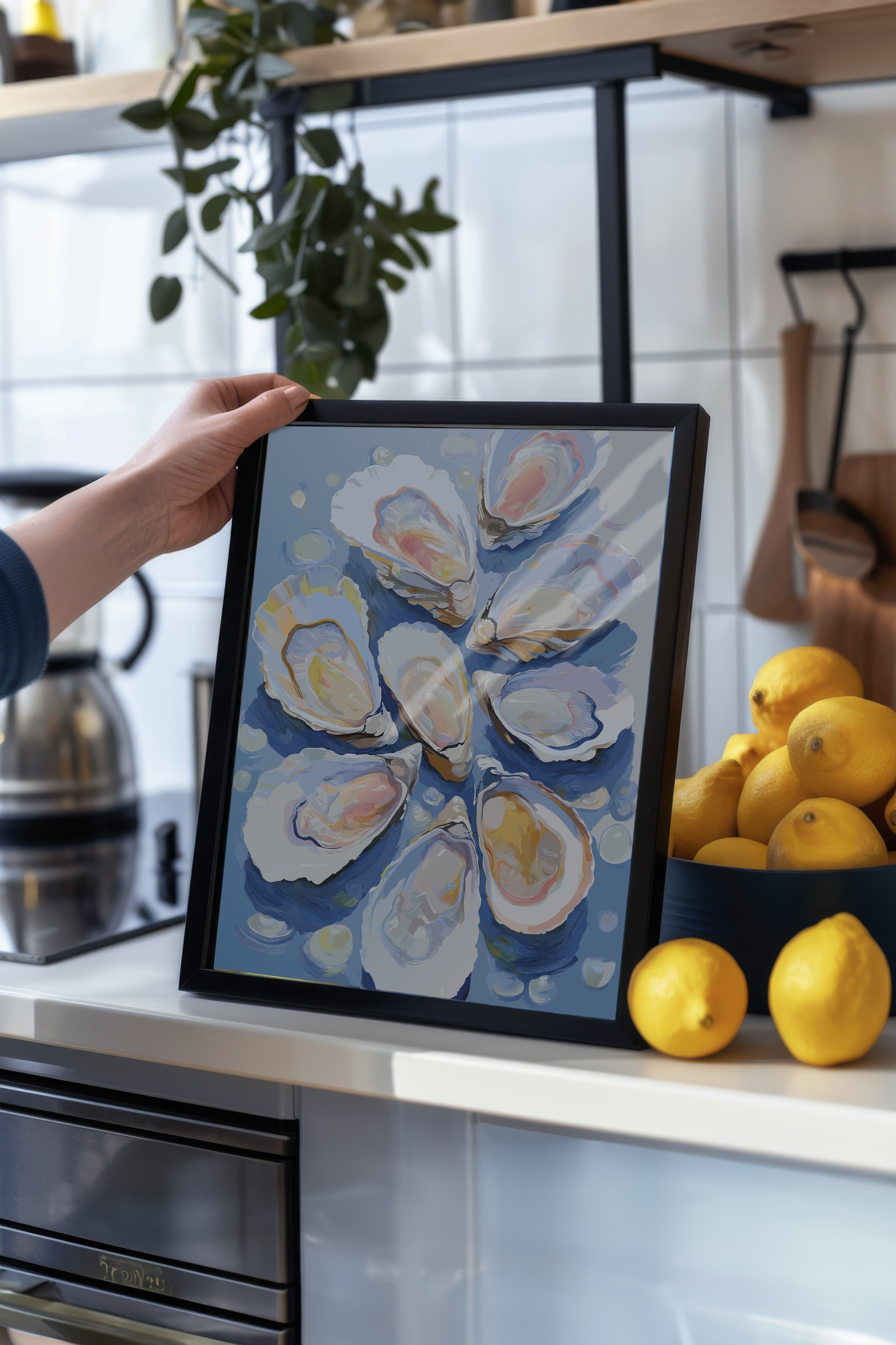 Siyah Çerçeveli Tablo, İstiridyeler, Kabuklar, illüstrasyon, Impressionist, Mavi, Pastel Tonlar Renk Poster, 2025 Yaz Seçkisi, NO:109861