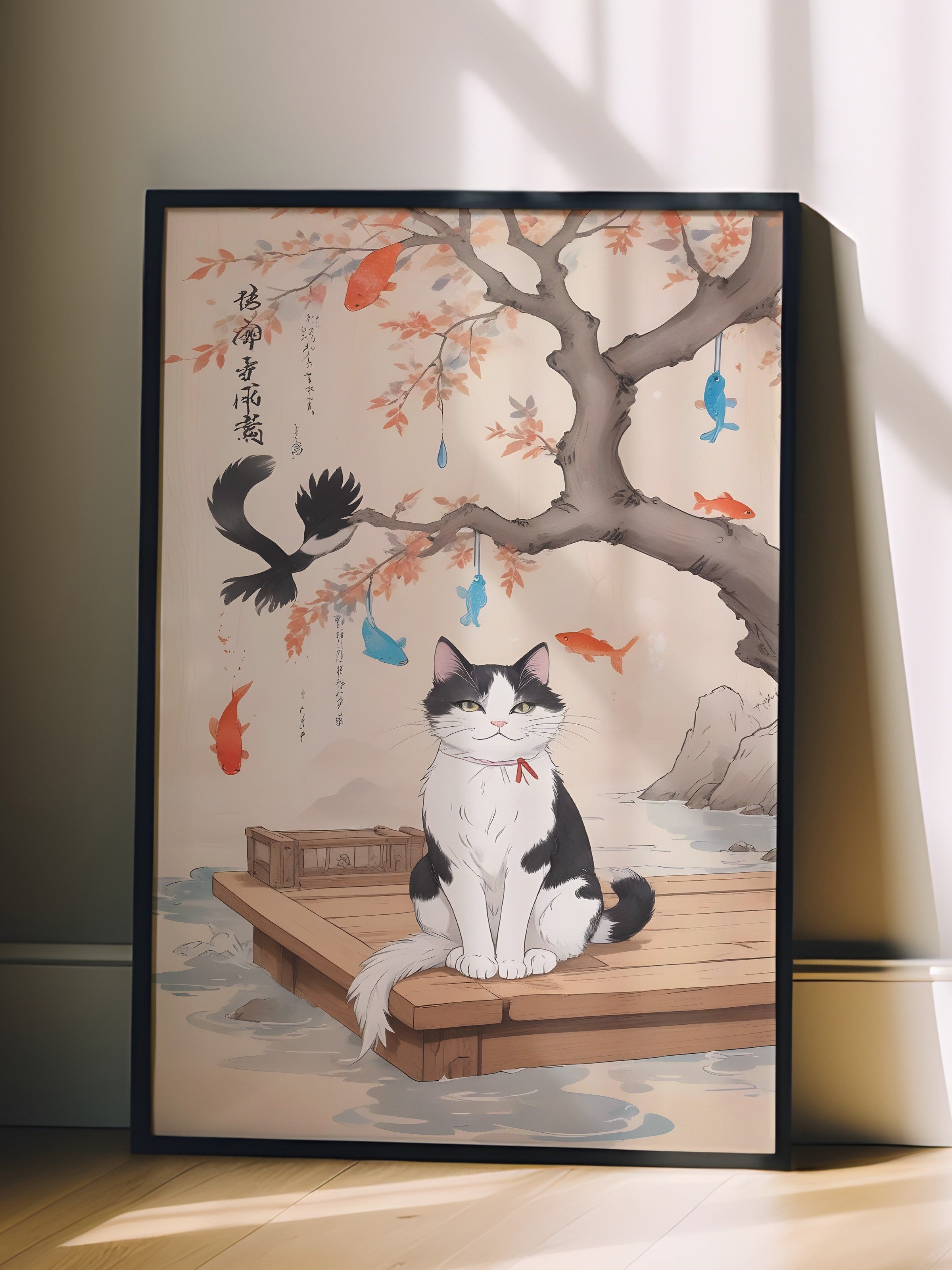 Siyah Çerçeveli Tablo, Japanese Cats, Comfort Serisi Mutfak Duvar Tablosu, NO:109165