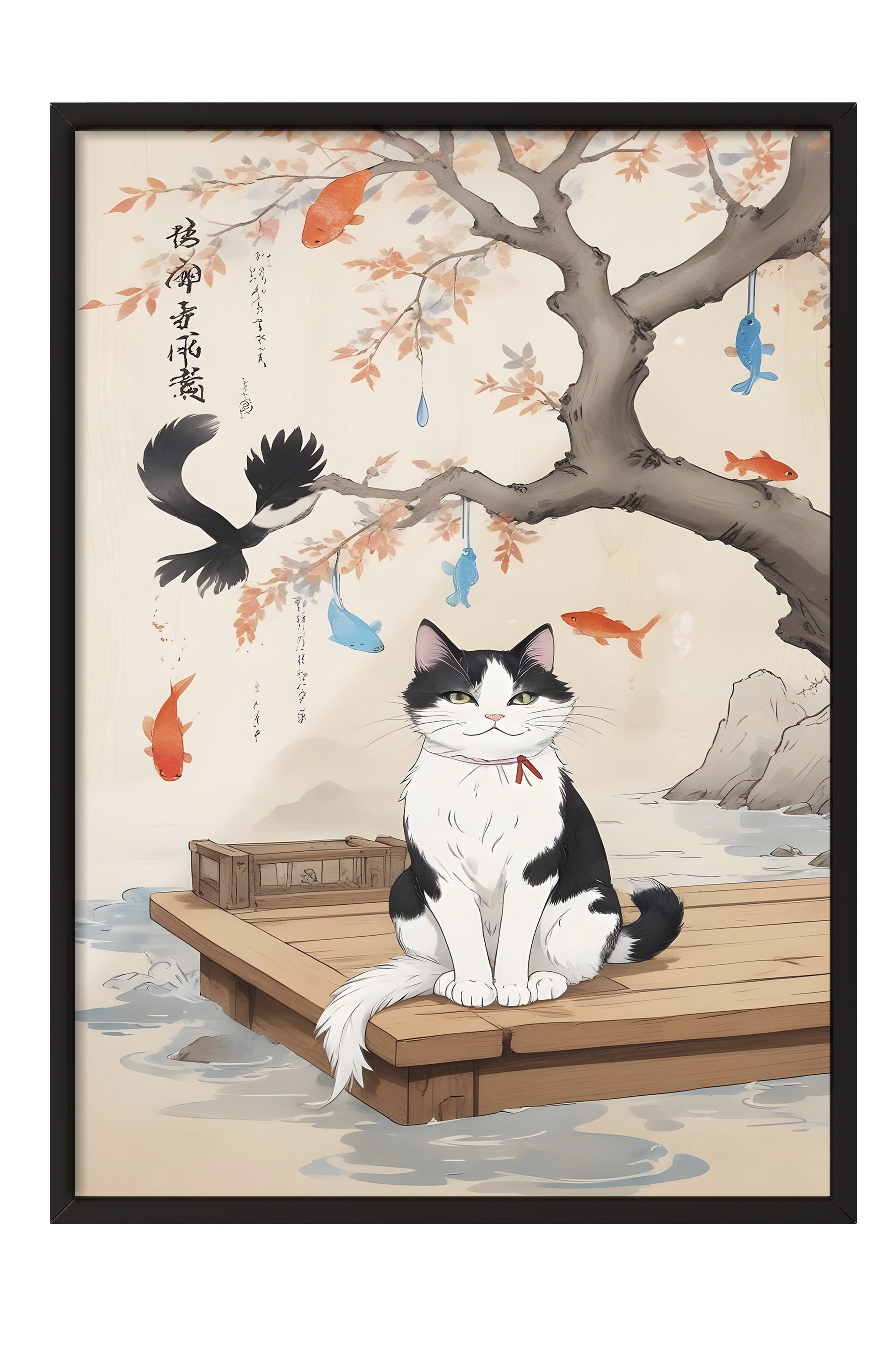Siyah Çerçeveli Tablo, Japanese Cats, Comfort Serisi Mutfak Duvar Tablosu, NO:109165