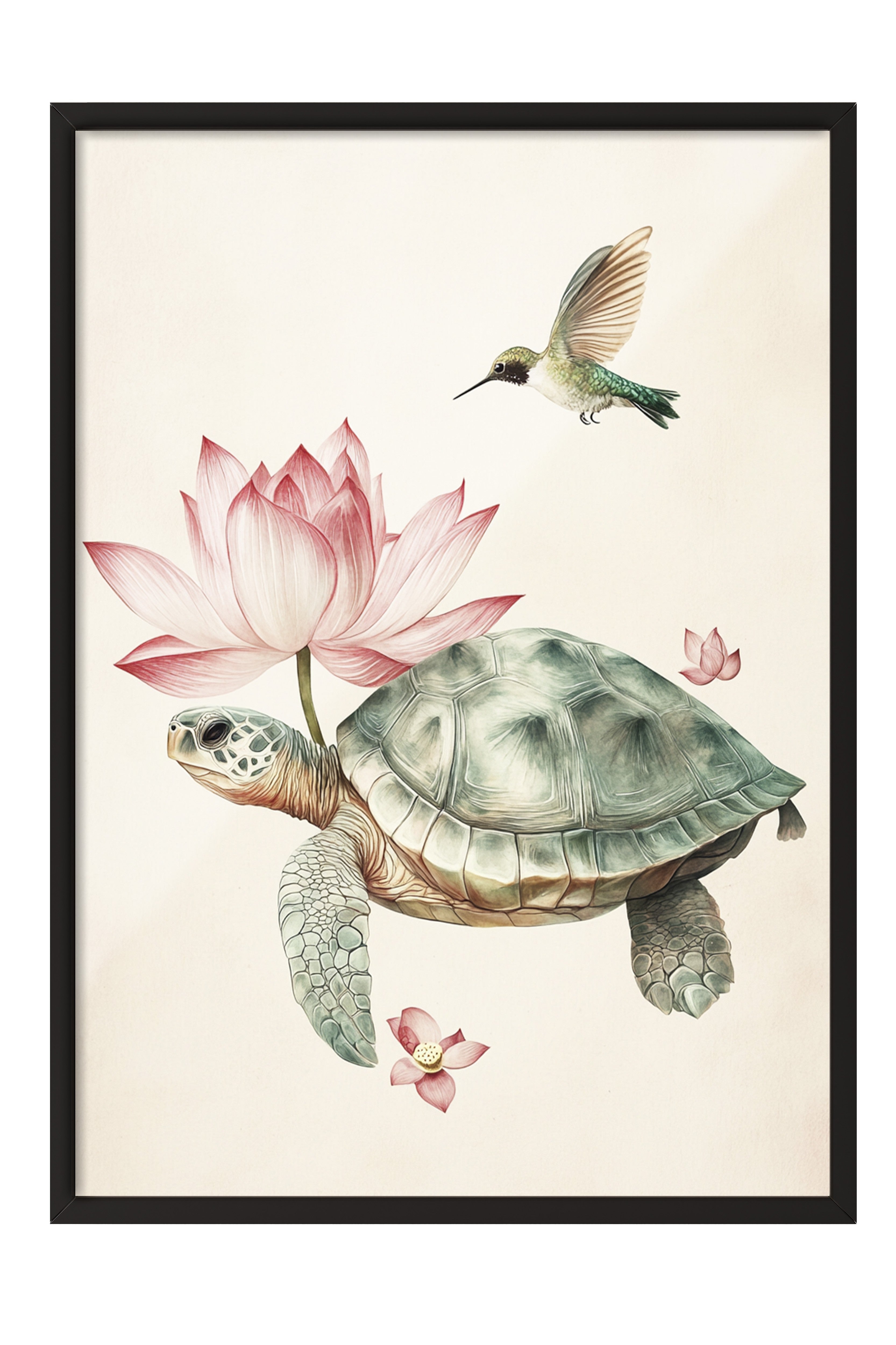 Siyah Çerçeveli Tablo, Kaplumbağa, Sinek Kuşu, Lotus, İllüstrasyon, Pastel Tonlar Renk Poster, 2025 Yaz Seçkisi, NO:109795