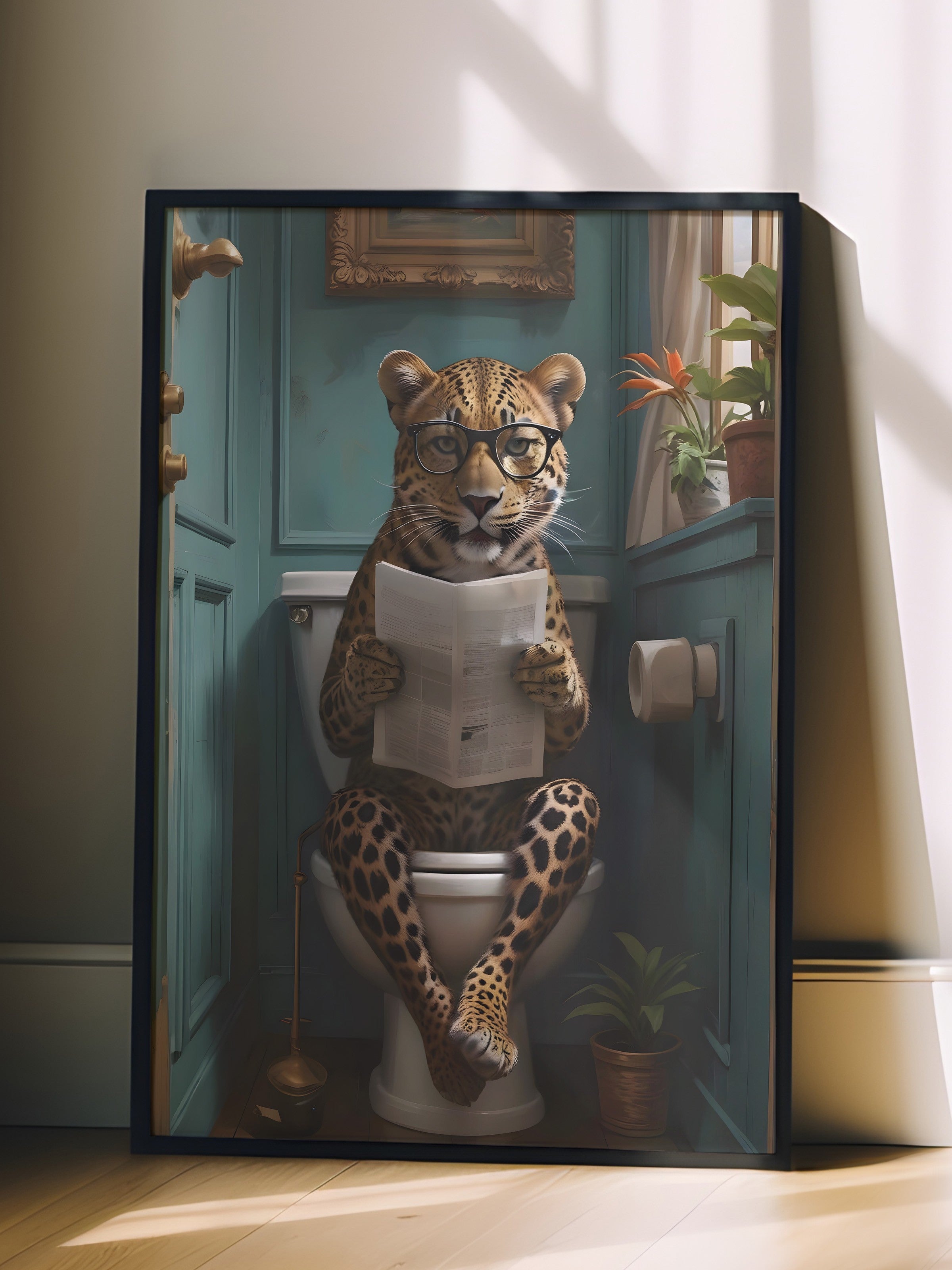 Siyah Çerçeveli Tablo, Leopard in Toilet, Comfort Serisi Mutfak Duvar Tablosu, NO:108926