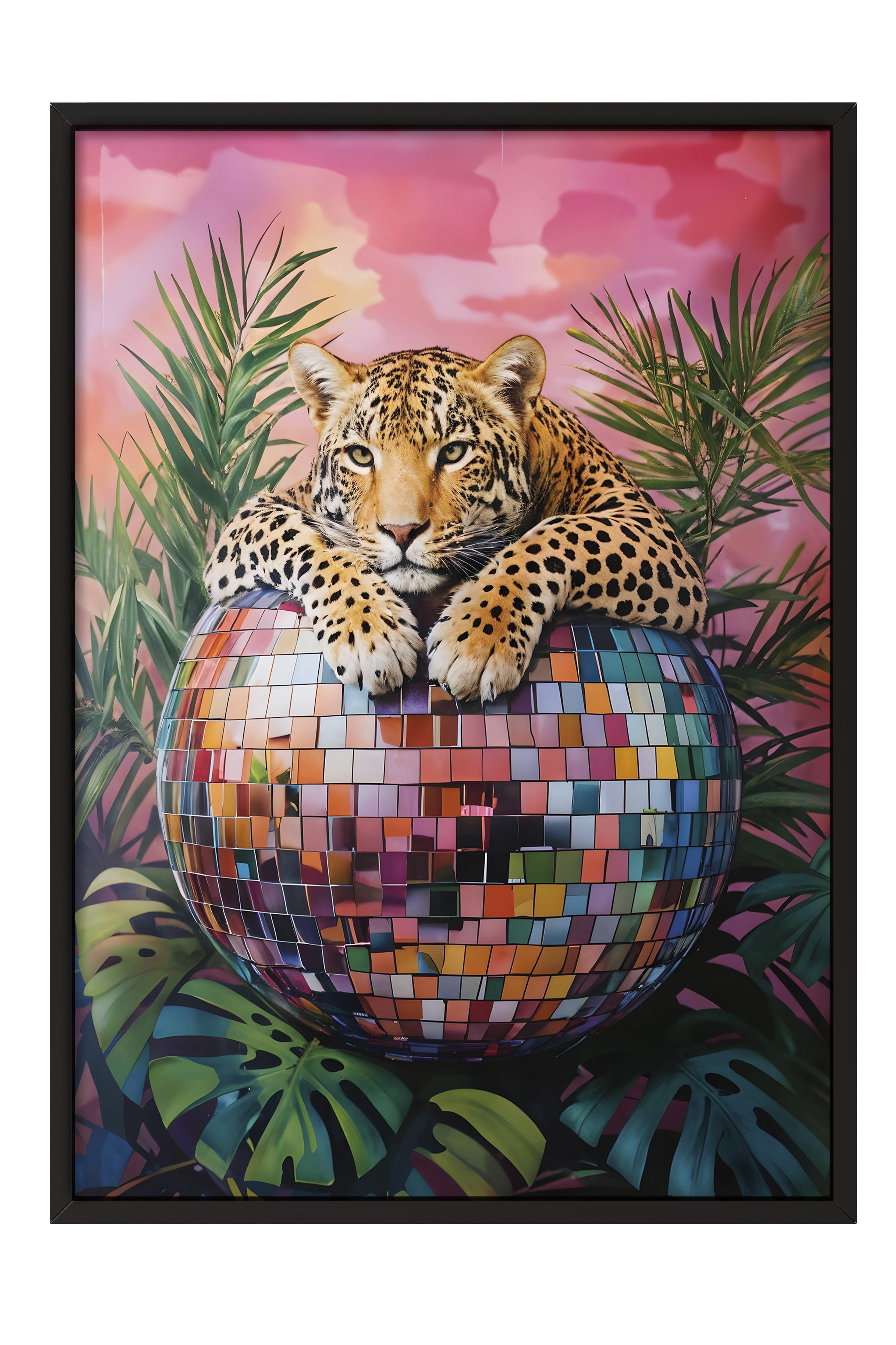 Siyah Çerçeveli Tablo, Leopard on Disco Ball, Comfort Serisi Poster ve Duvar Tablosu, NO:108942
