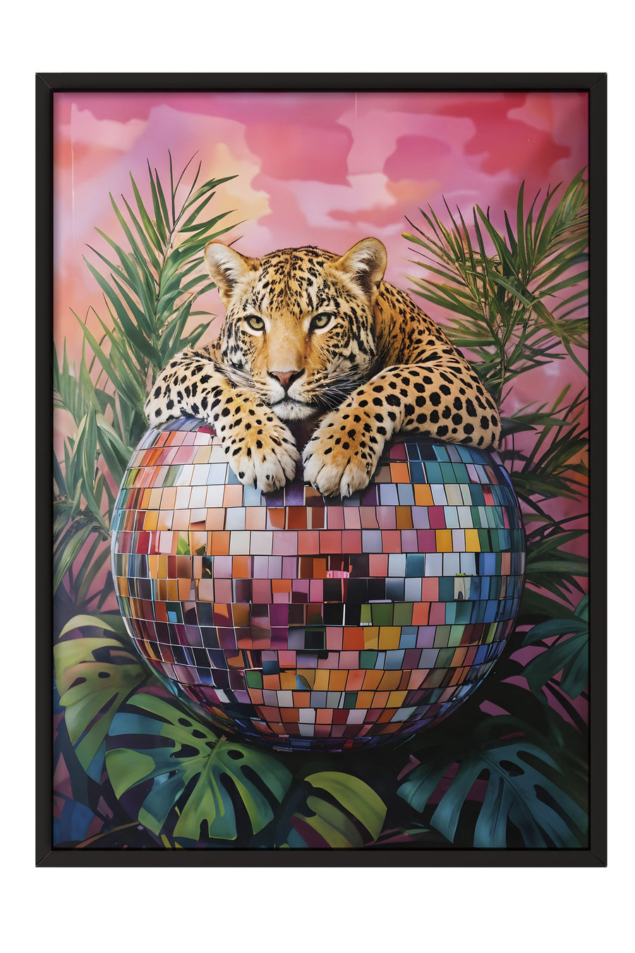 Siyah Çerçeveli Tablo, Leopard on Disco Ball, Comfort Serisi Poster ve Duvar Tablosu, NO:108942