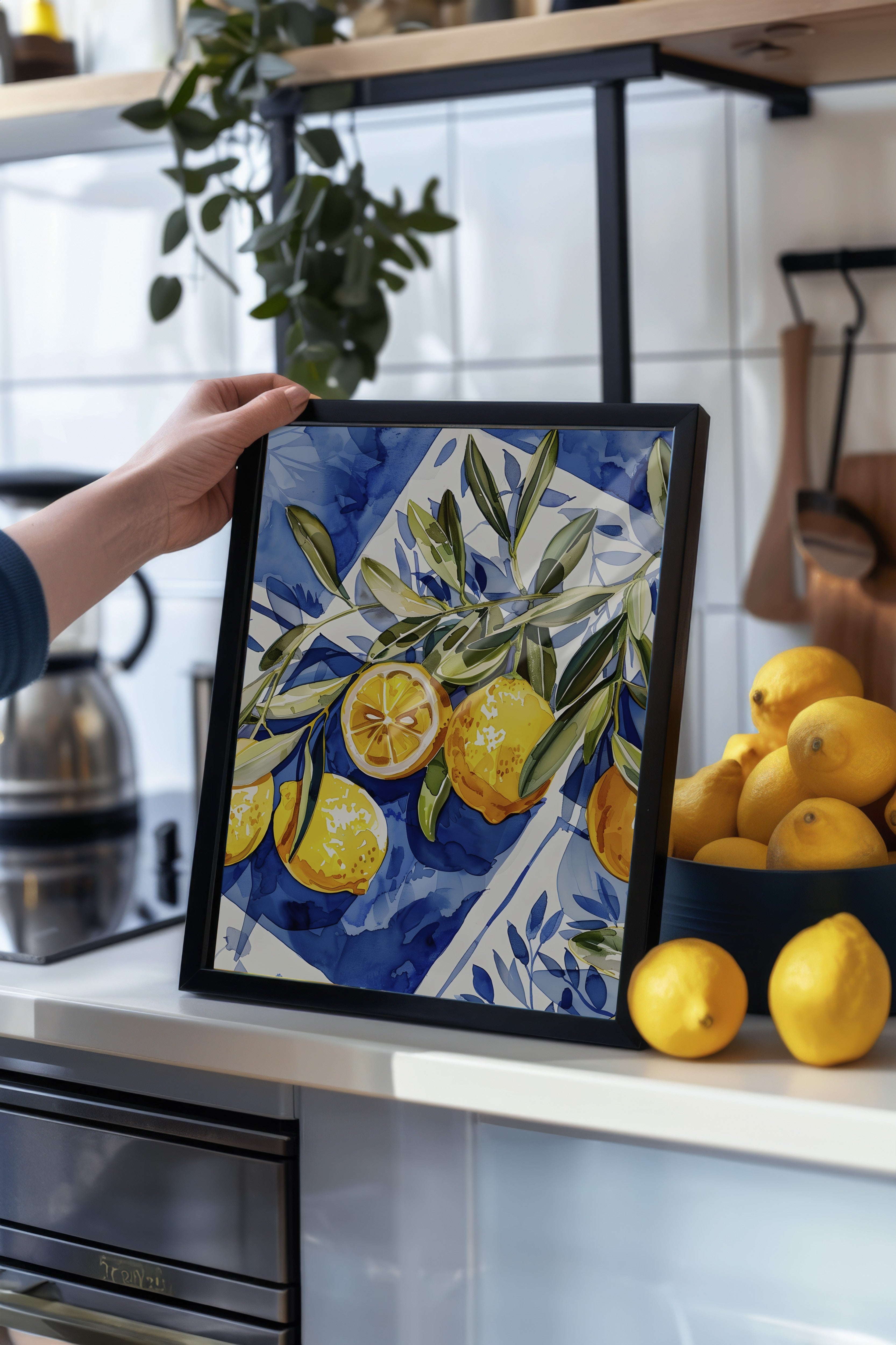 Siyah Çerçeveli Tablo, Limonlar, Yapraklar, Arka Plan, Suluboya, İllüstrasyon, Mavi, Sarı Renk Poster, 2025 Yaz Seçkisi, NO:109818
