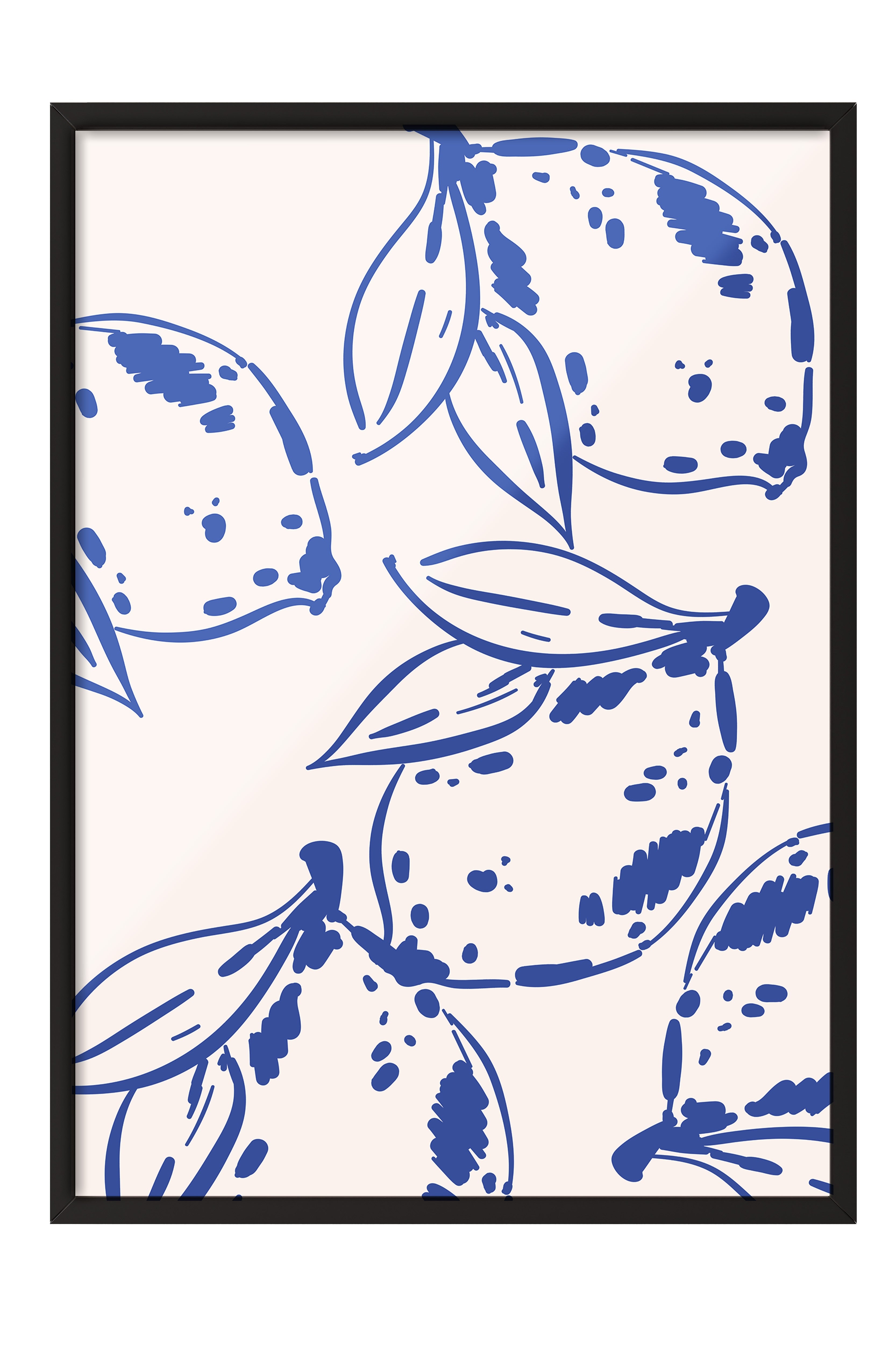 Siyah Çerçeveli Tablo, Limonlar, Yapraklar, Düz İllüstrasyon, Mavi, Bej Renk Poster, 2025 Yaz Seçkisi, NO:109830