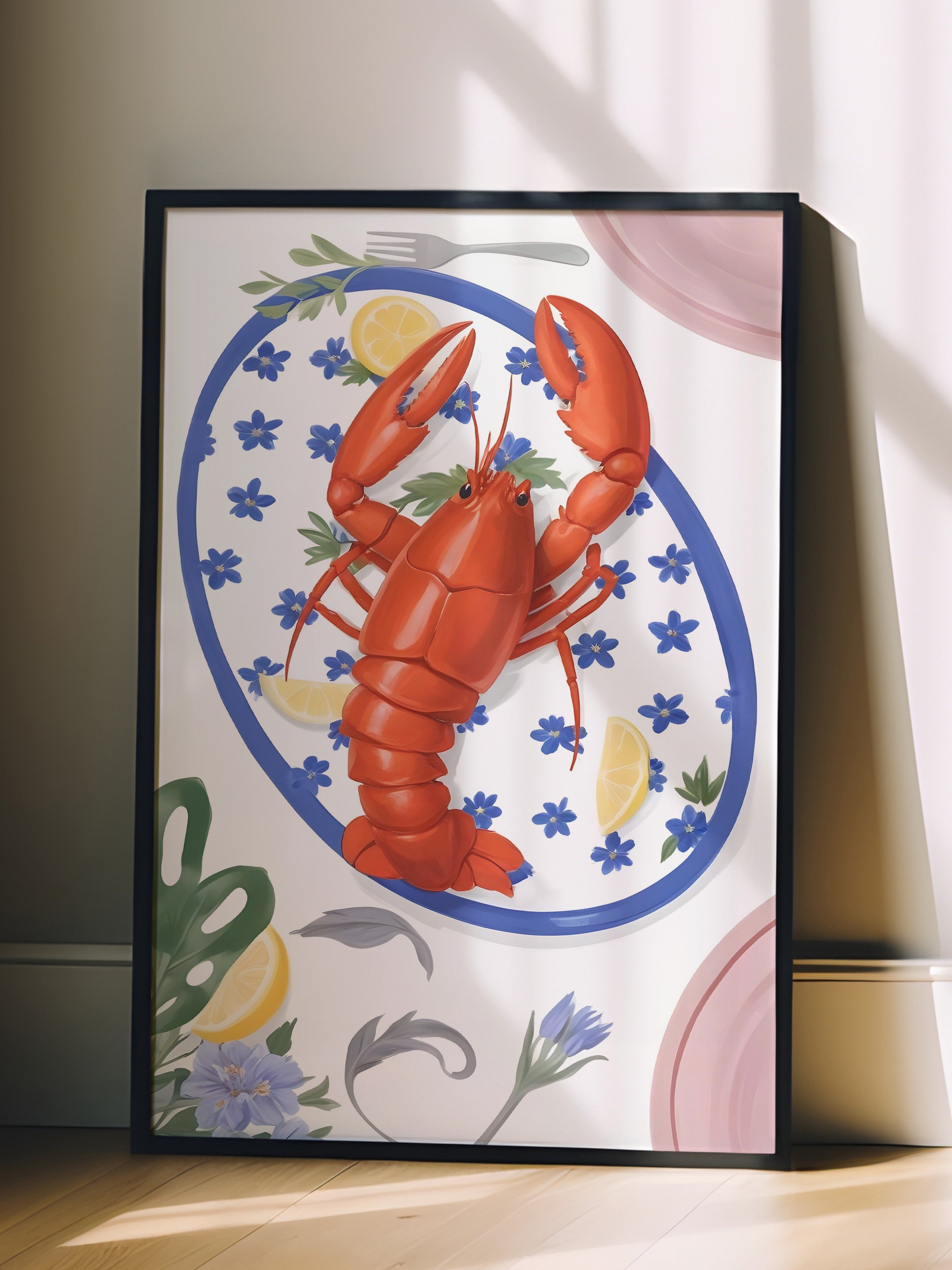 Siyah Çerçeveli Tablo, Lobster, Comfort Serisi Mutfak Duvar Tablosu, NO:109079