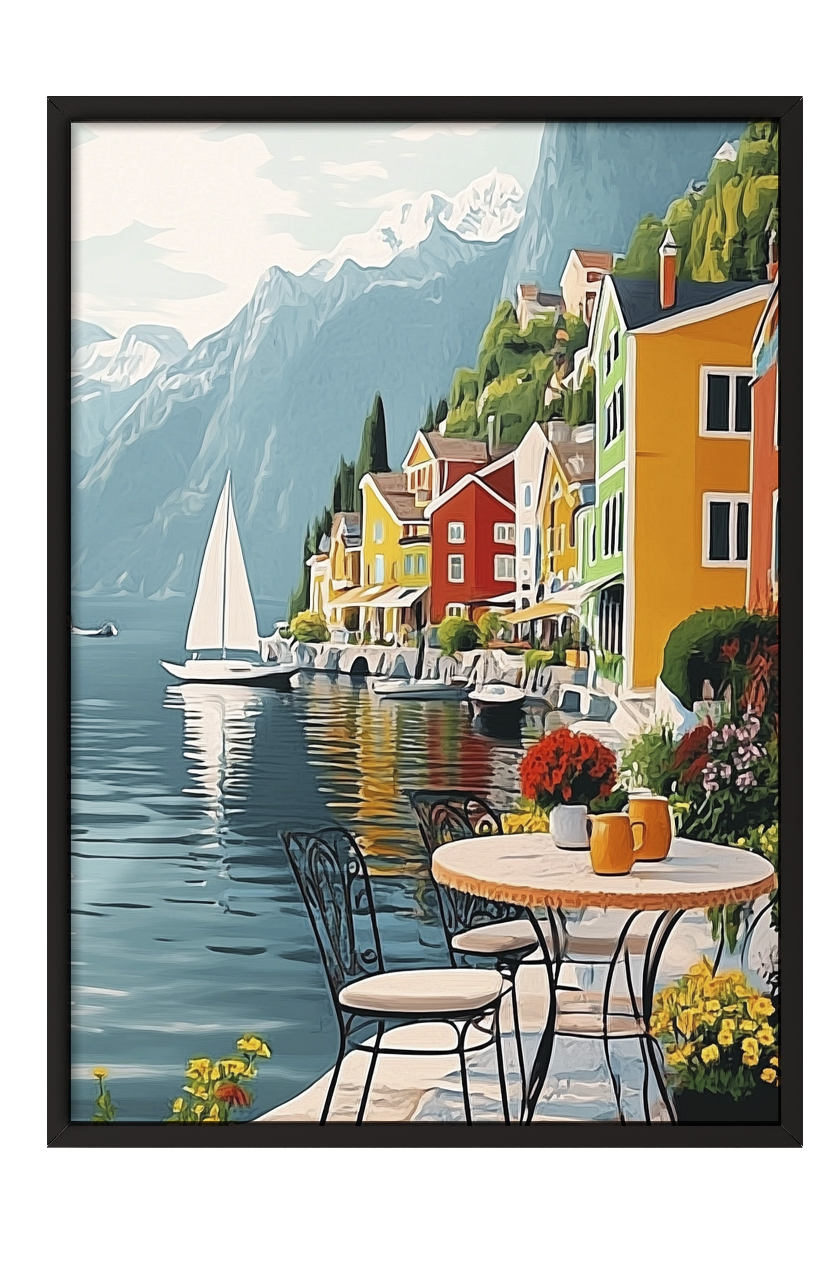 Siyah Çerçeveli Tablo, Masa, Evler, Yelkenli, İzlenimci, Düz İllüstrasyon, Çok renkli, Mavi Renk Poster, 2025 Yaz Seçkisi, NO:109797