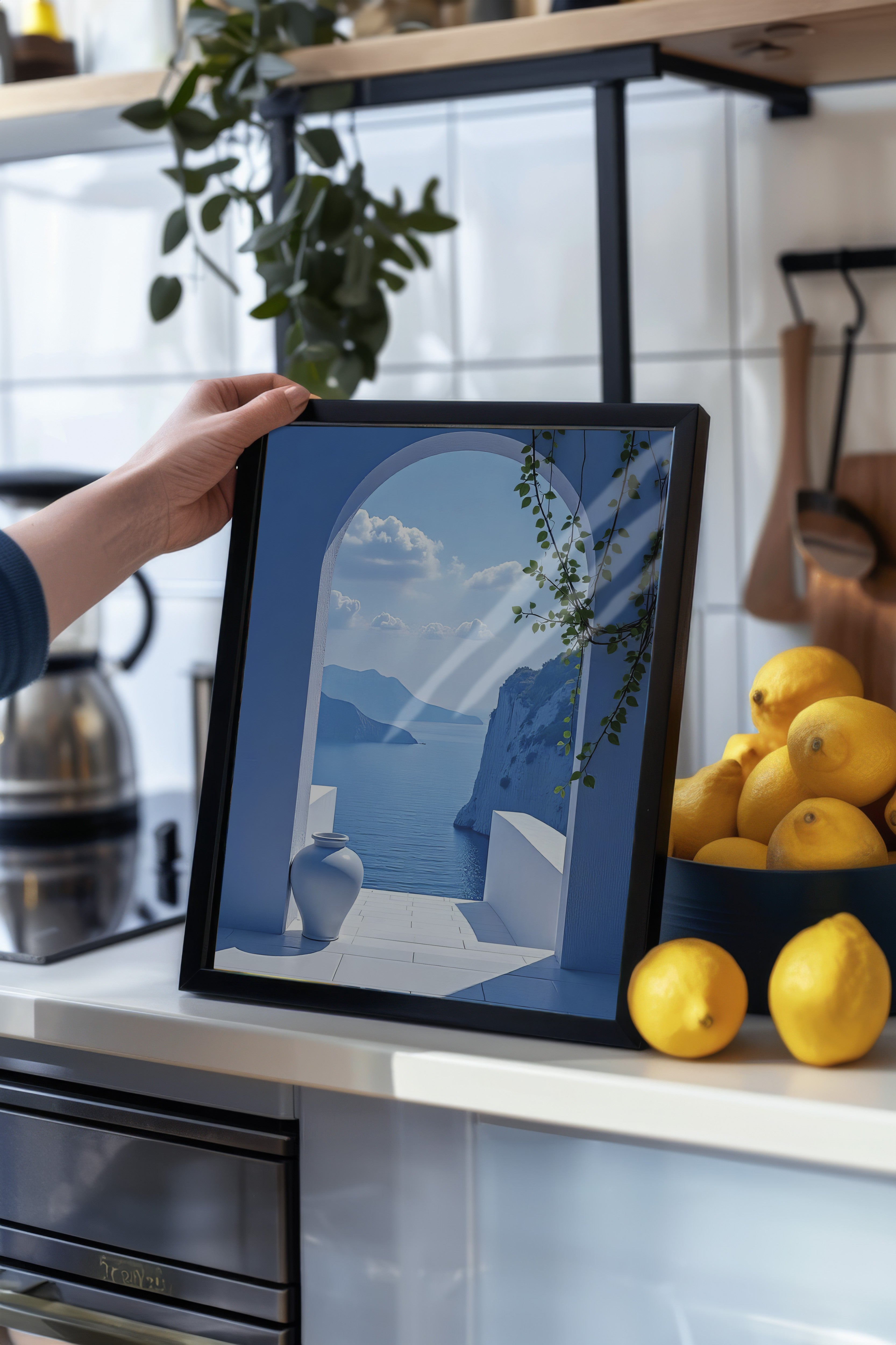 Siyah Çerçeveli Tablo, Mavi Kapı ve Manzara, Fotoğraf, Mavi Renk Poster, 2025 Yaz Seçkisi, NO:109708