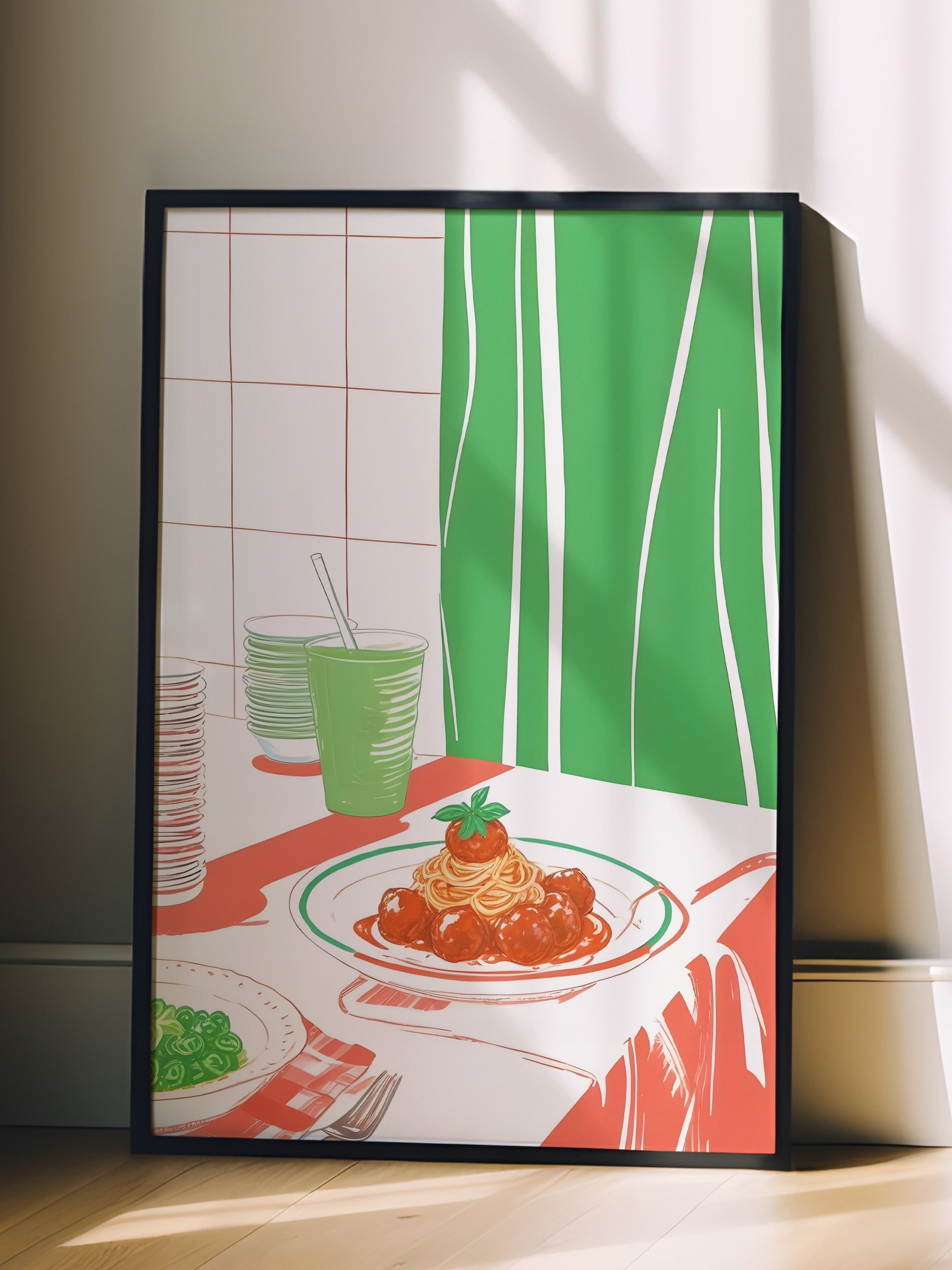 Siyah Çerçeveli Tablo, Meatball Spaghetti, Comfort Serisi Mutfak Duvar Tablosu, NO:109110