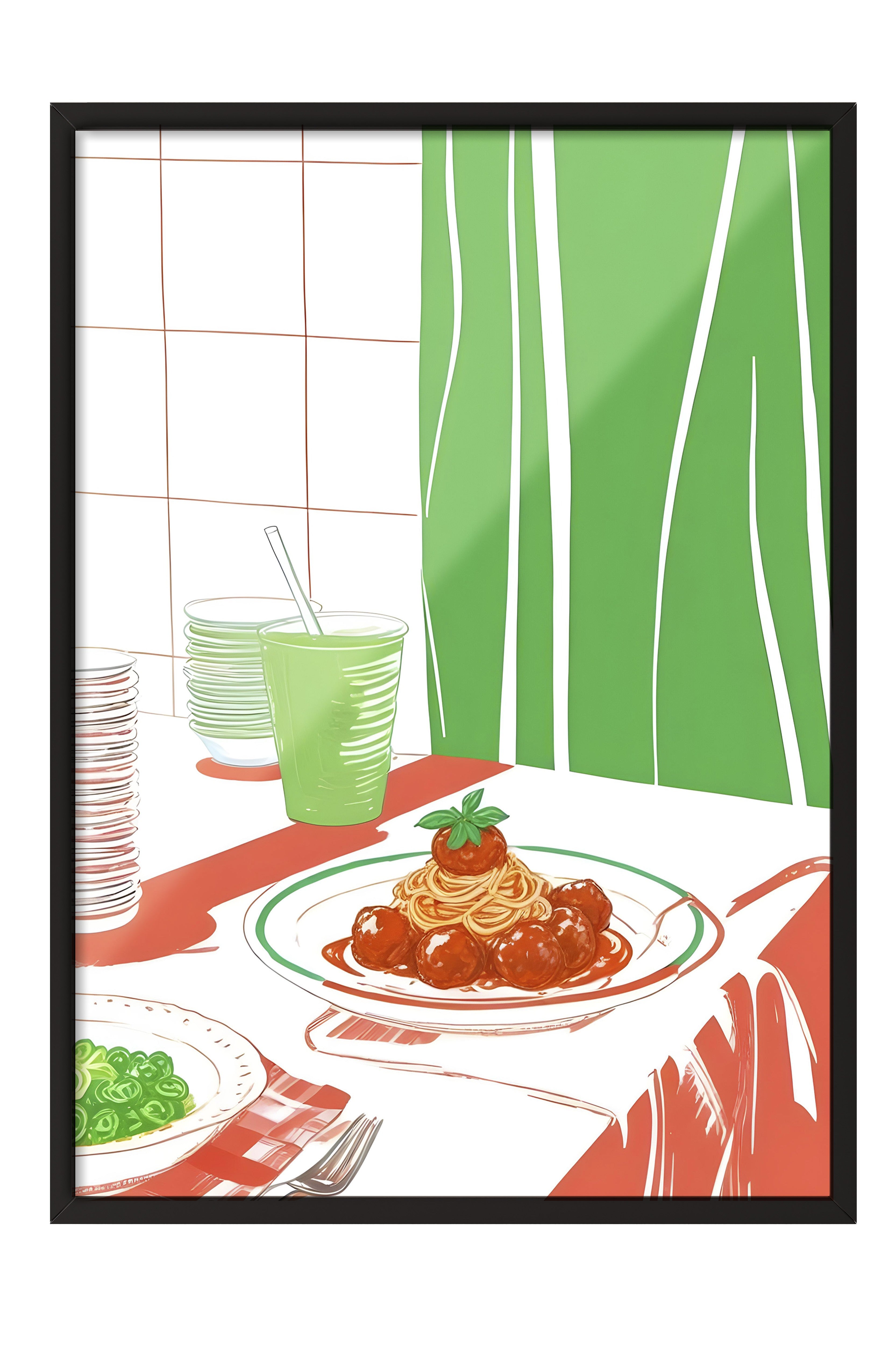 Siyah Çerçeveli Tablo, Meatball Spaghetti, Comfort Serisi Mutfak Duvar Tablosu, NO:109110