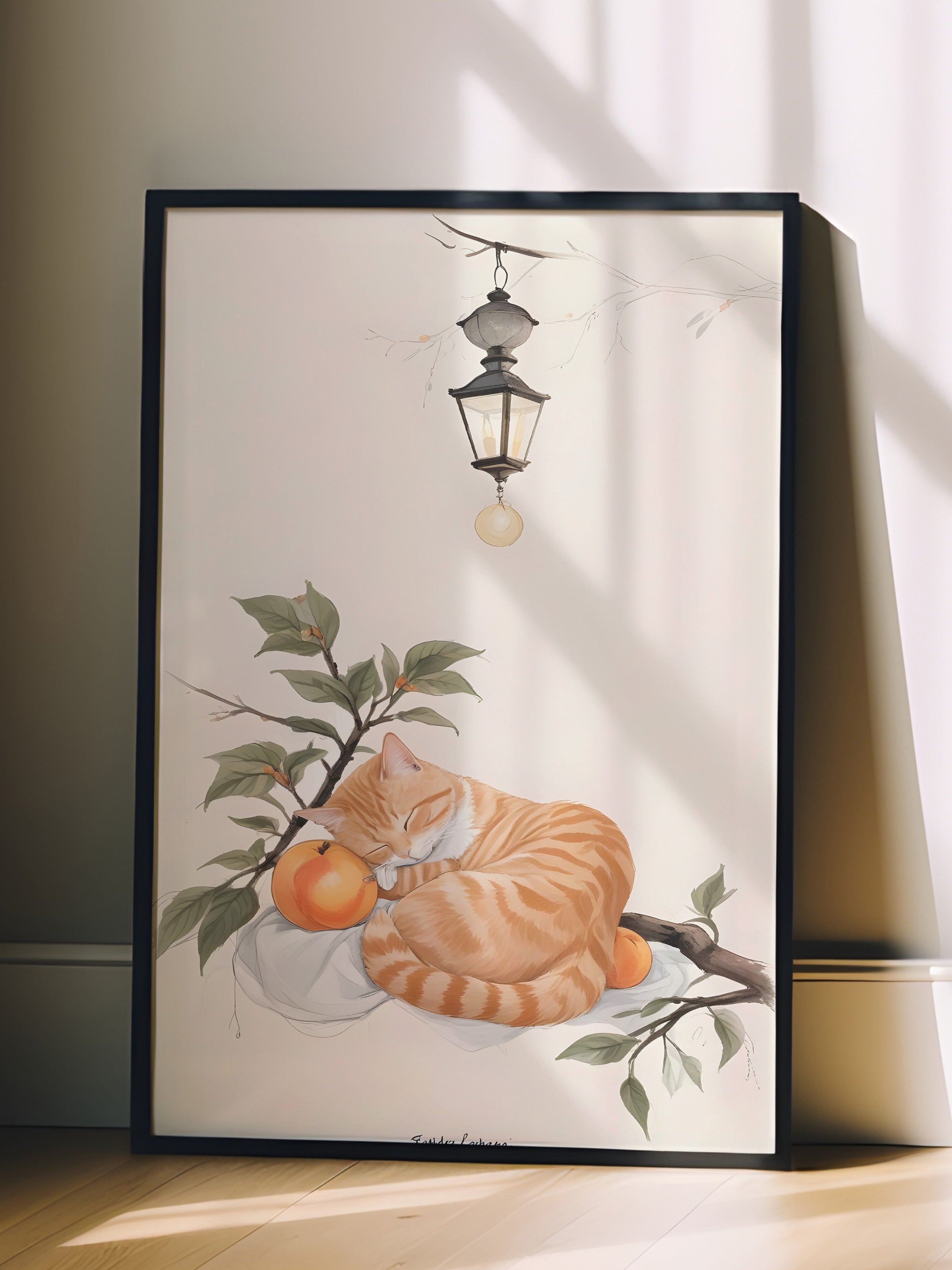 Siyah Çerçeveli Tablo, Orange cat Sleeping With Orange, Comfort Serisi Mutfak Duvar Tablosu, NO:109166