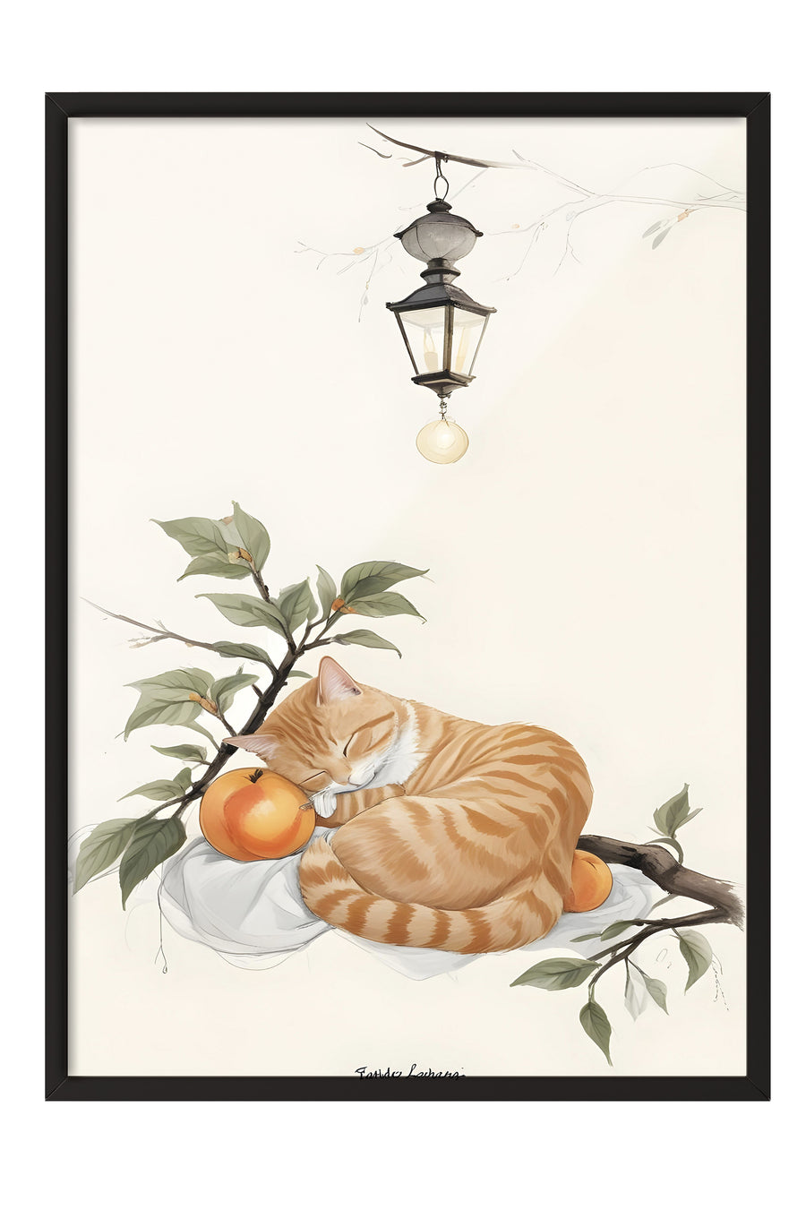 Siyah Çerçeveli Tablo, Orange cat Sleeping With Orange, Comfort Serisi Mutfak Duvar Tablosu, NO:109166