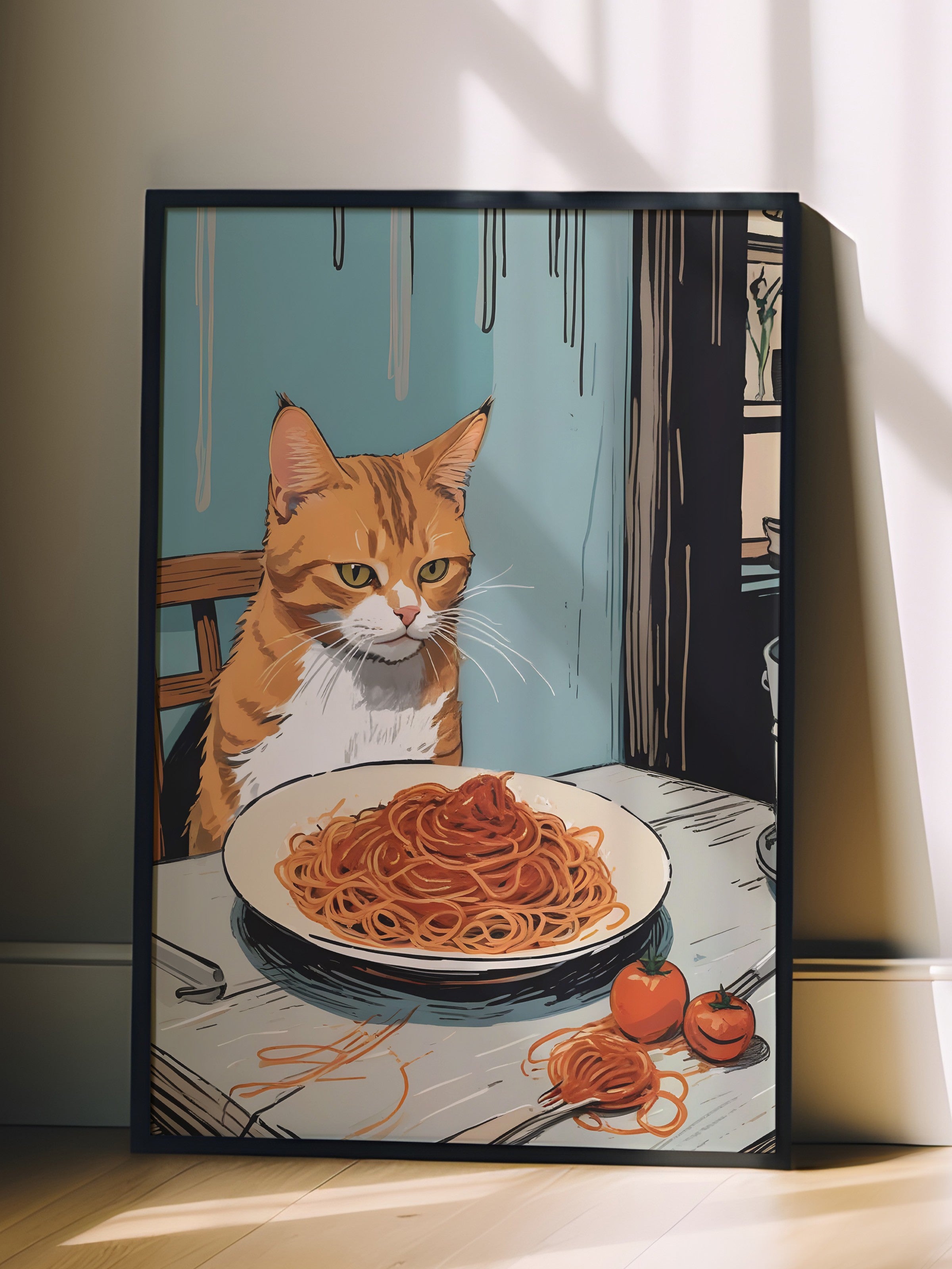 Siyah Çerçeveli Tablo, Orange Cat With Spaghetti, Comfort Serisi Mutfak Duvar Tablosu, NO:109089