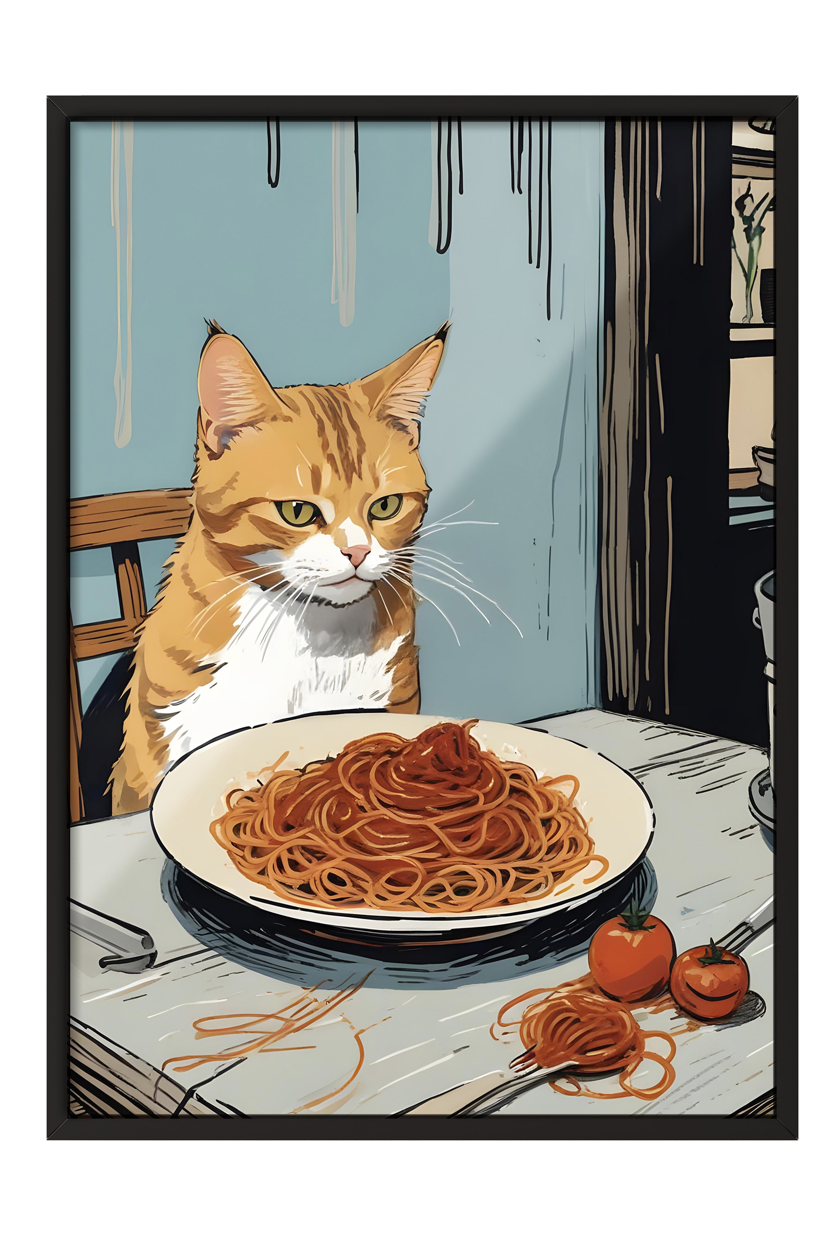 Siyah Çerçeveli Tablo, Orange Cat With Spaghetti, Comfort Serisi Mutfak Duvar Tablosu, NO:109089