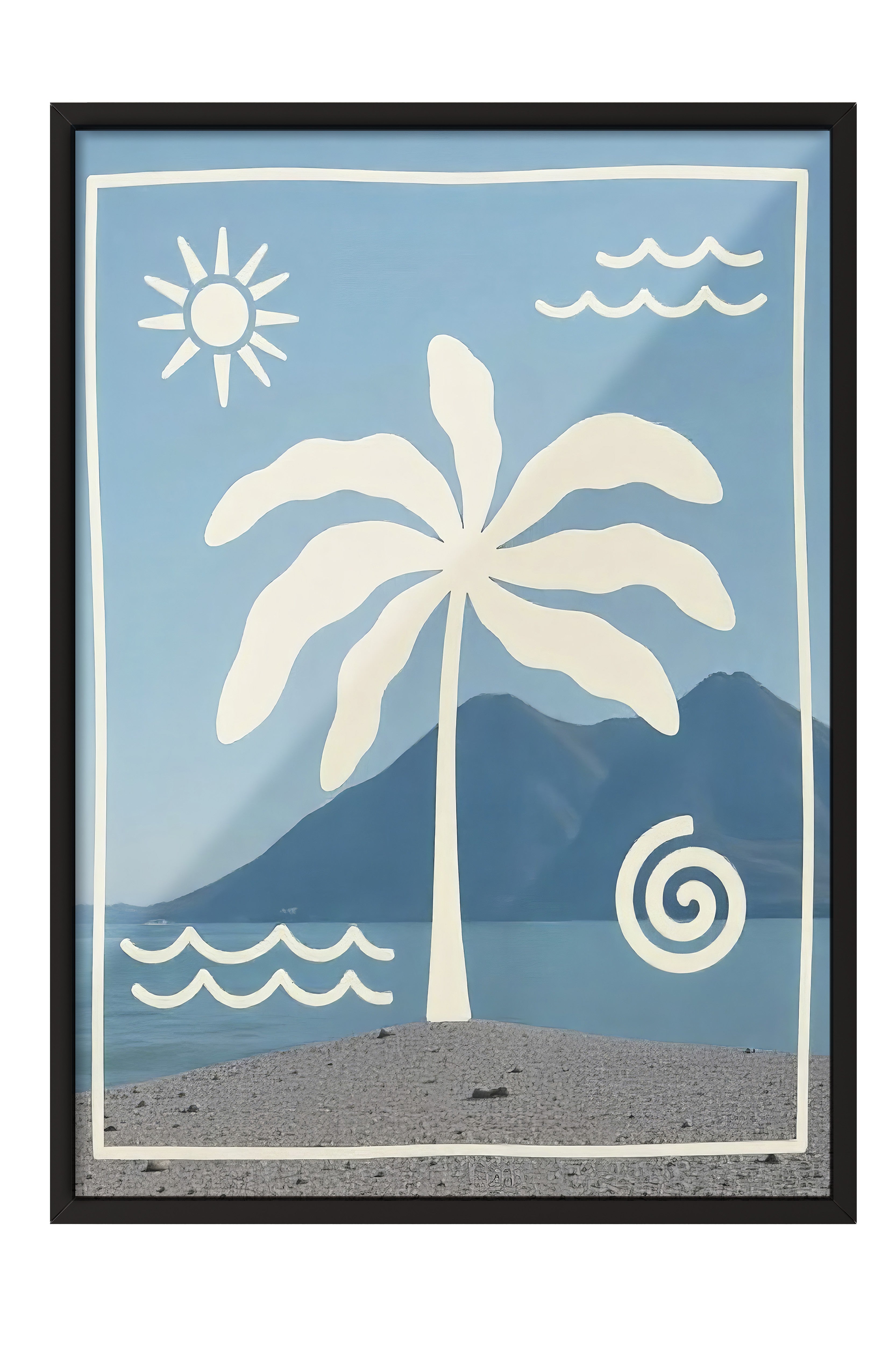 Siyah Çerçeveli Tablo, Palmiye Ağaçları, İllüstrasyon, Maximalist, Mavi Renk Poster, 2025 Yaz Seçkisi, NO:109776