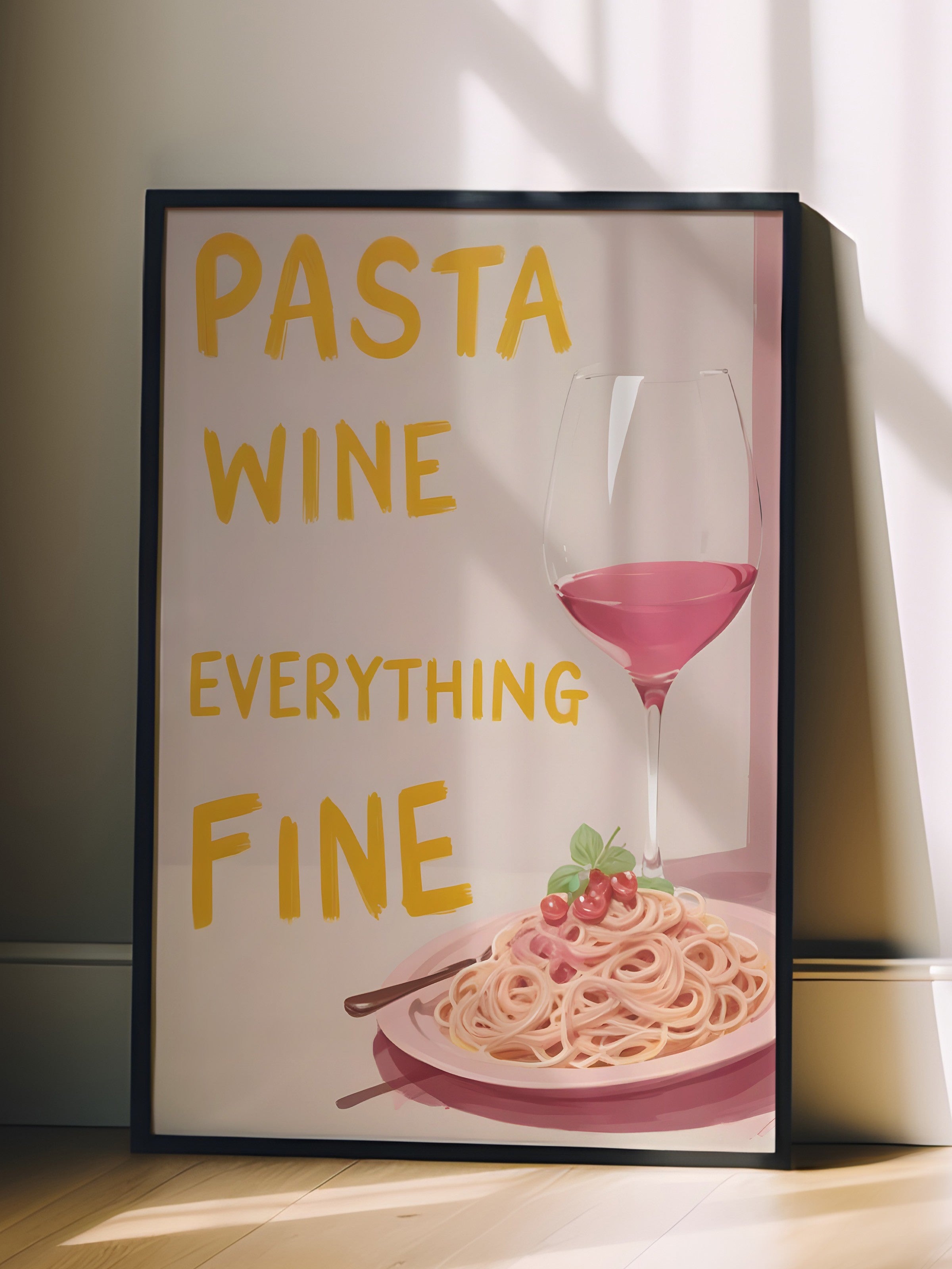 Siyah Çerçeveli Tablo, Pasta Wine, Everything Fine, Comfort Serisi Mutfak Duvar Tablosu, NO:109061