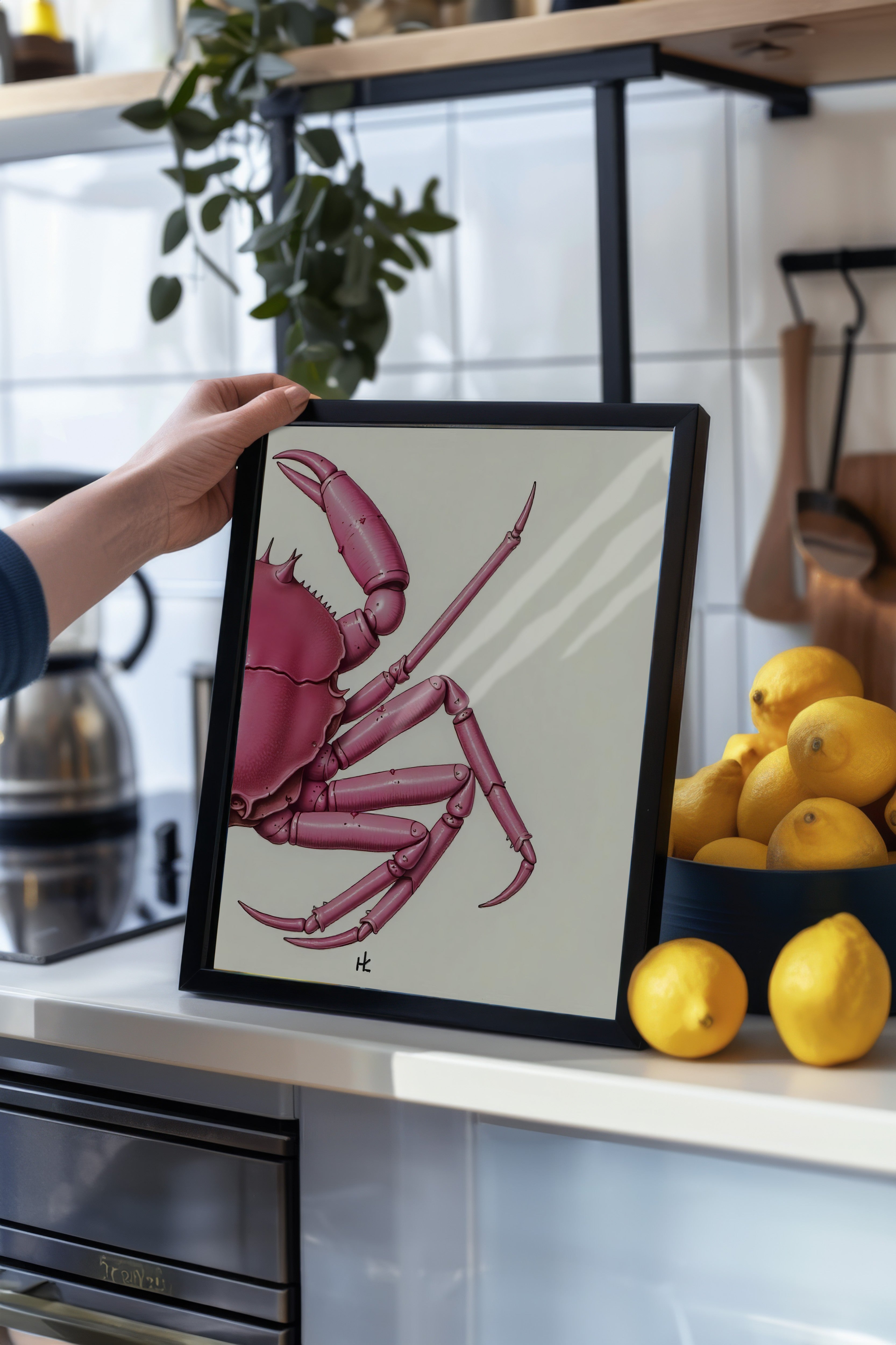 Siyah Çerçeveli Tablo, Pembe Yengeç, İllüstrasyon, Pembe Renk Poster, 2025 Yaz Seçkisi, NO:109721