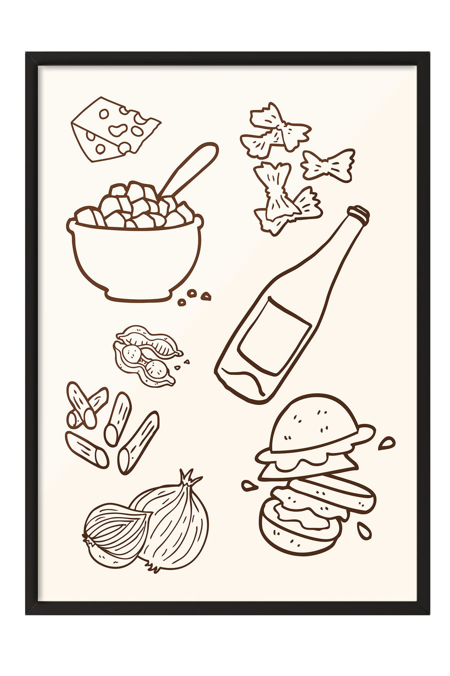 Siyah Çerçeveli Tablo, Peynir, Şişe, Burger, illüstrasyon, Minimalist, Kahverengi, Bej Renk Poster, 2025 Yaz Seçkisi, NO:109806