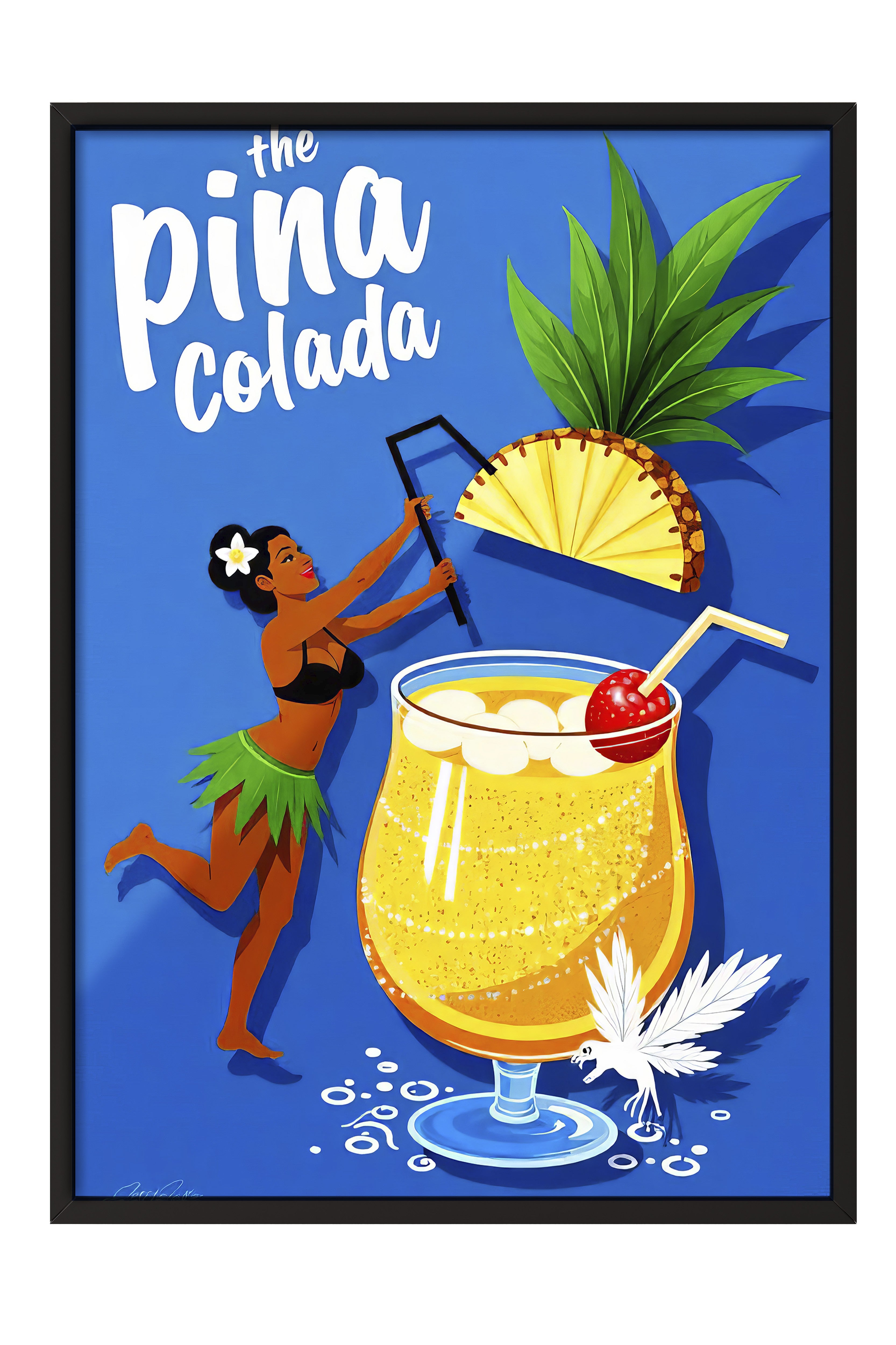 Siyah Çerçeveli Tablo, Pina Colada, İllüstrasyon, Maximalist, Lacivert Renk Poster, 2025 Yaz Seçkisi, NO:109777