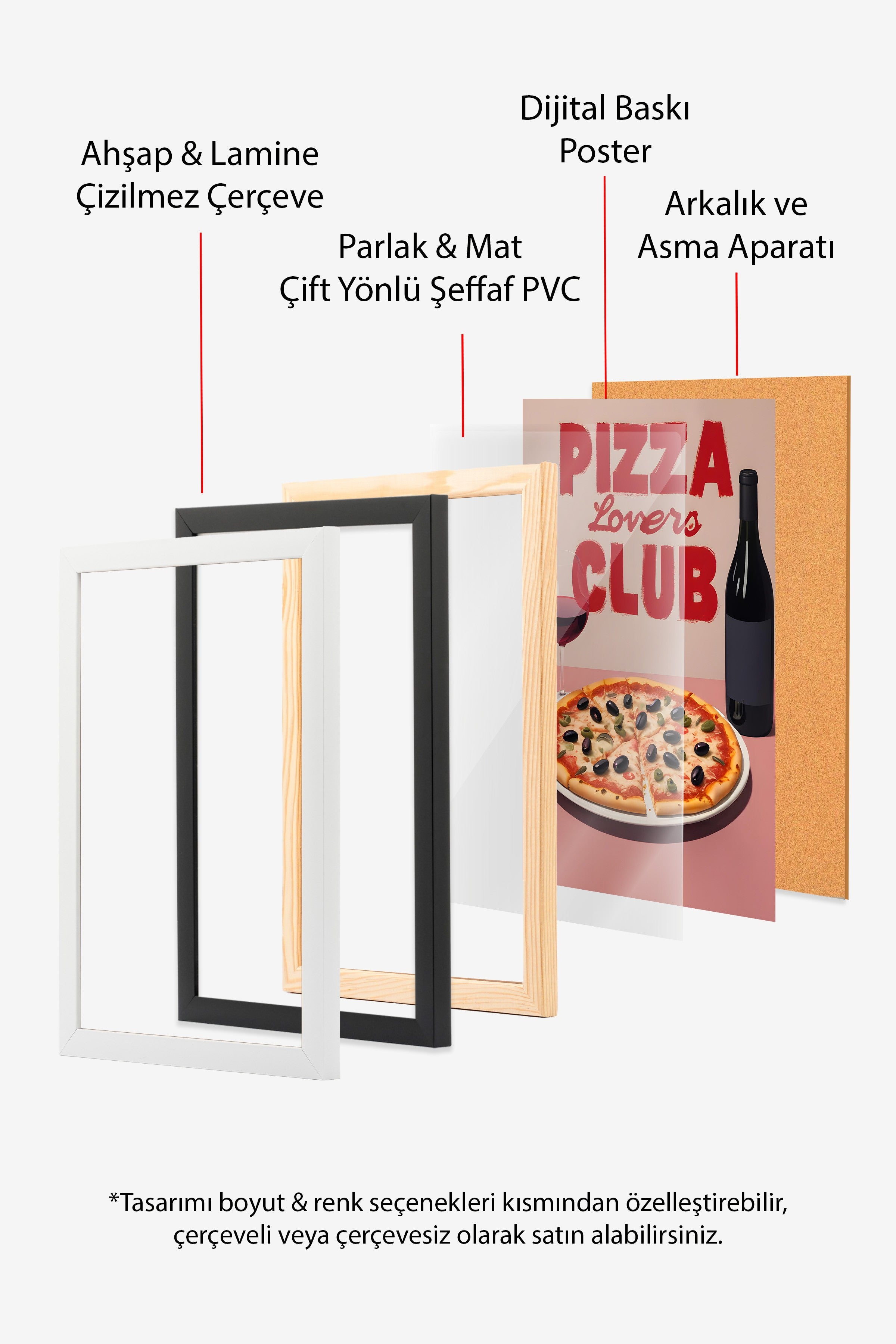 Siyah Çerçeveli Tablo, Pizza Lovers Club, Comfort Serisi Mutfak Duvar Tablosu, NO:109072