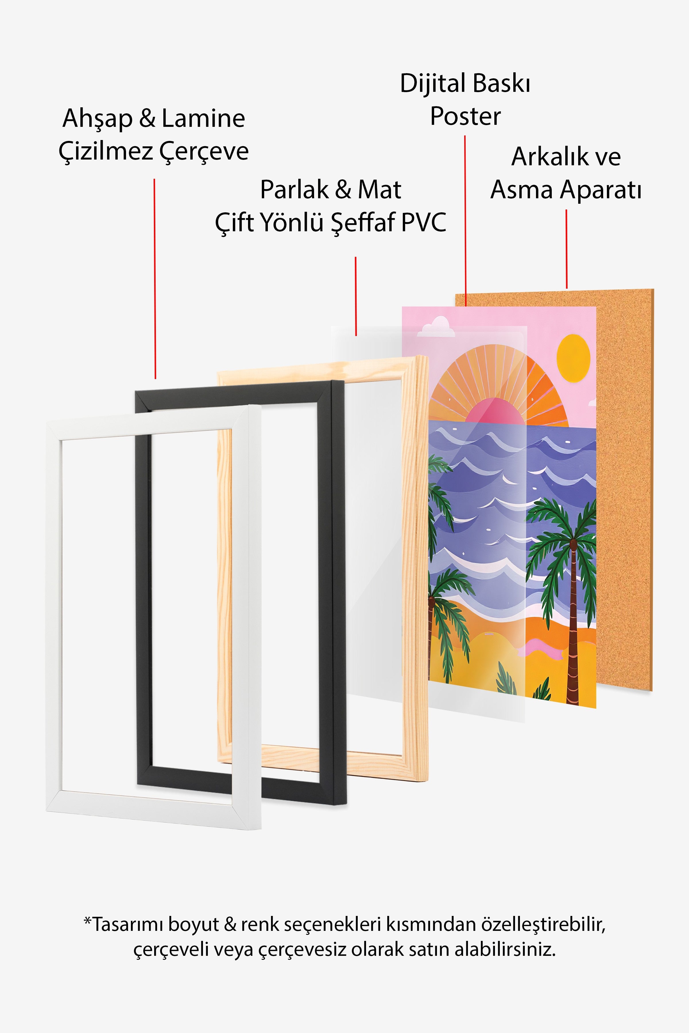 Siyah Çerçeveli Tablo, Plaj Manzarası, İllüstrasyon, Maximalist, Pembe Renk Poster, 2025 Yaz Seçkisi, NO:109788