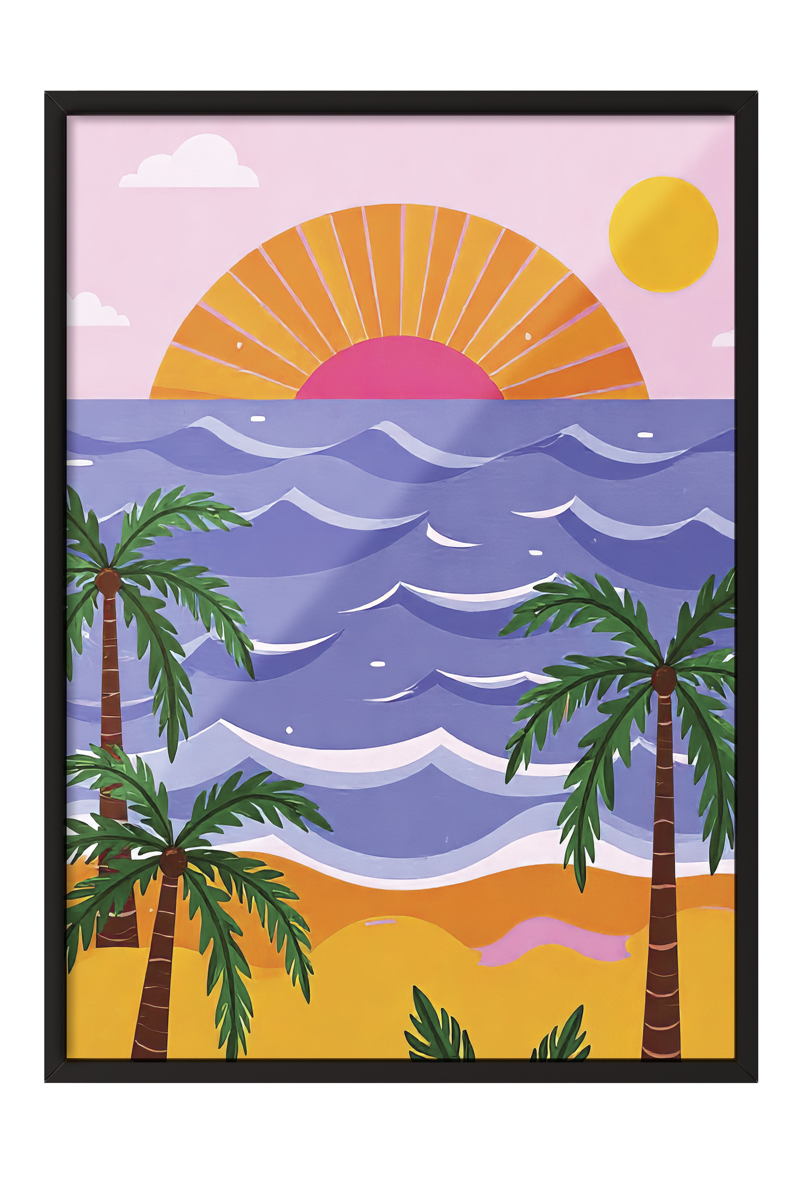 Siyah Çerçeveli Tablo, Plaj Manzarası, İllüstrasyon, Maximalist, Pembe Renk Poster, 2025 Yaz Seçkisi, NO:109788