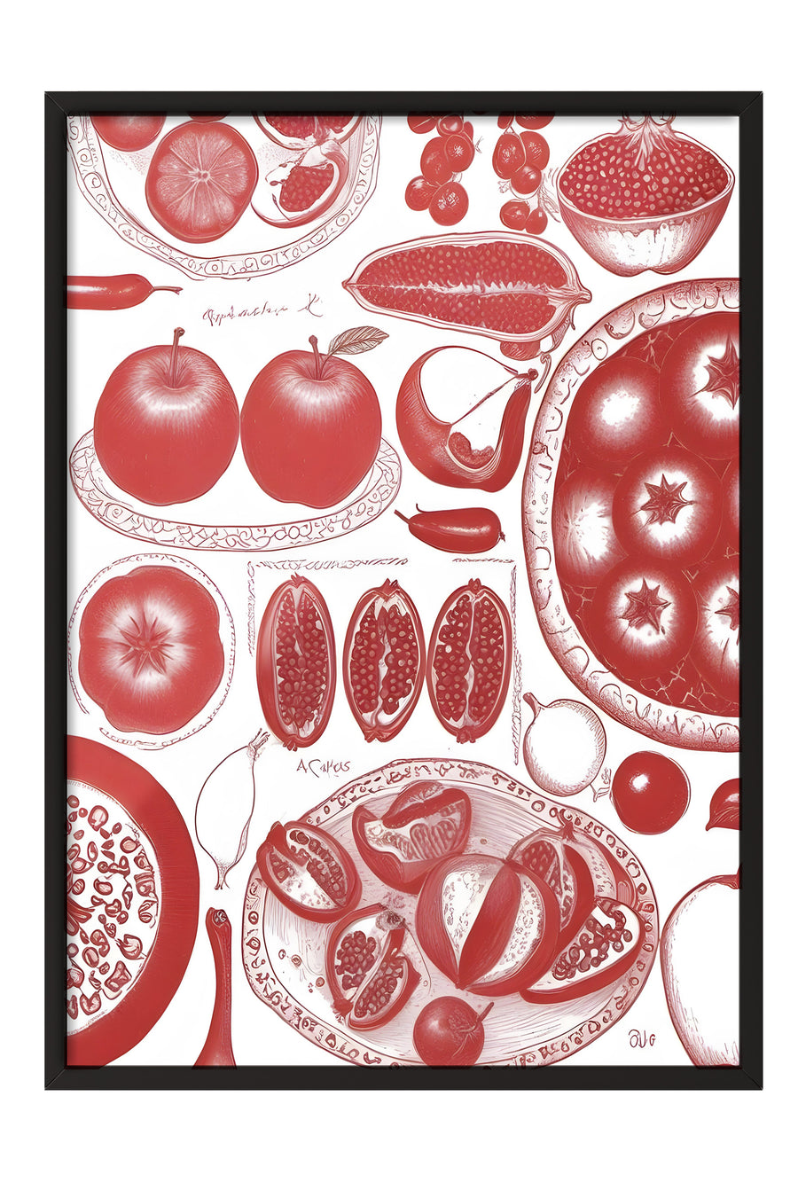 Farklı Tonlarda Meyve ve Sebze Deseni Poster – Siyah Çerçeveli Tablo