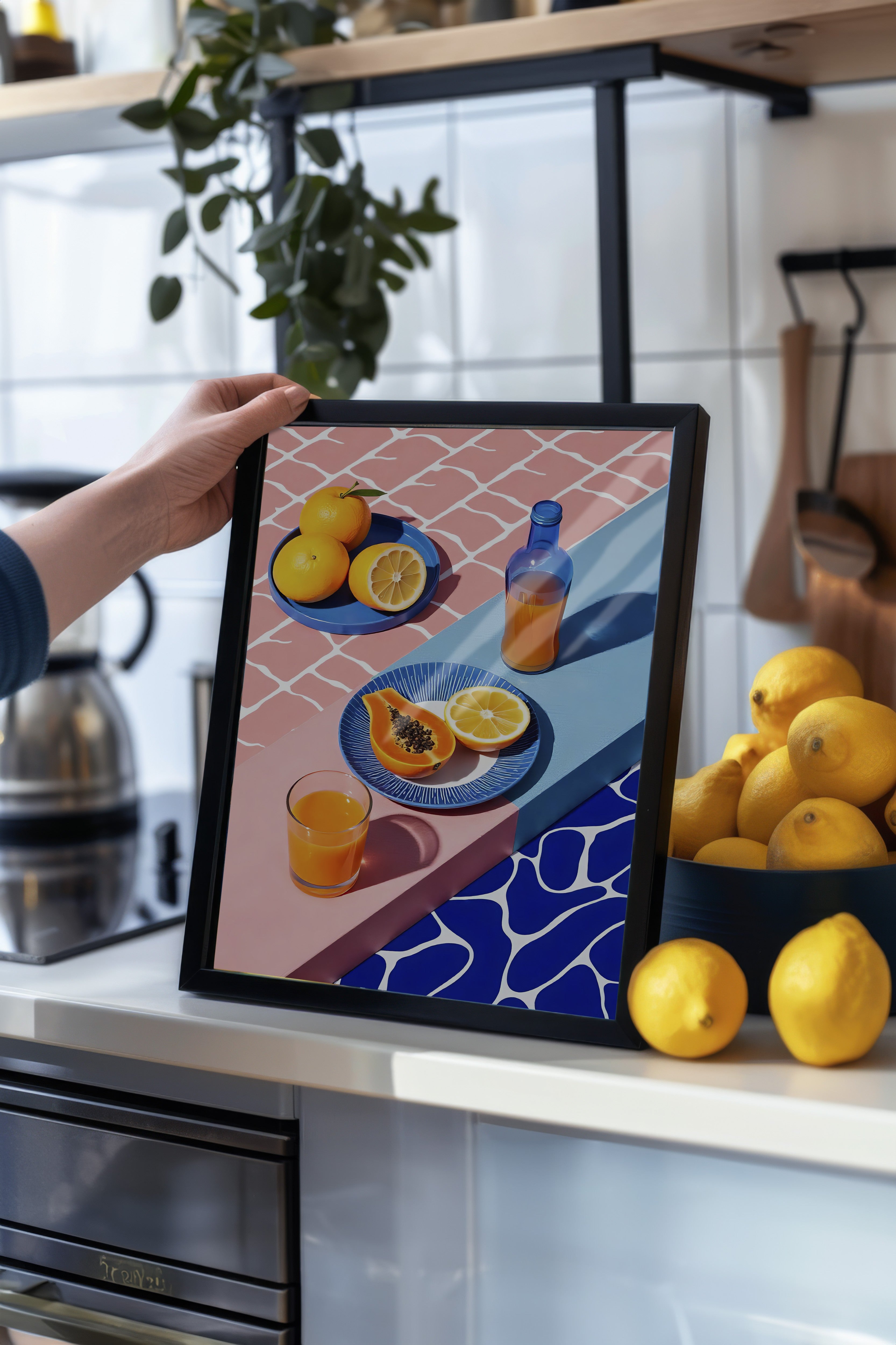 Siyah Çerçeveli Tablo, Portakallar ve Limonlar, İllüstrasyon, Maximalist, Pembe Renk Poster, 2025 Yaz Seçkisi, NO:109787